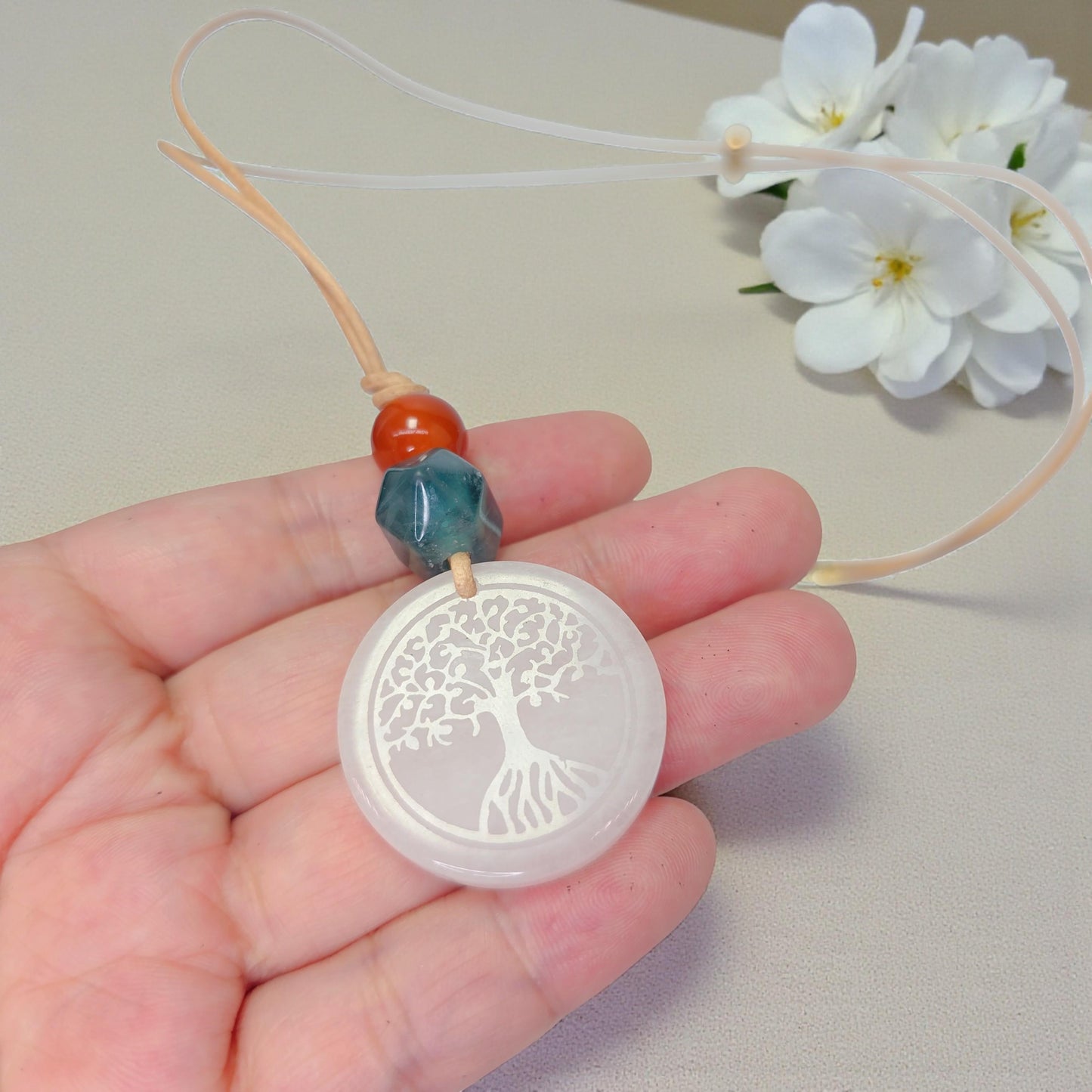 White Agate Necklace, Tree of Life Chunky Crystal Pendant, Fluorite Carnelian Spiritual Jewelry, Zen Gift, adjustable leather cord