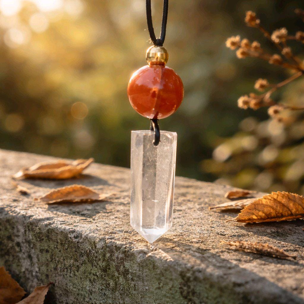 Clear Quartz Necklace, Red Agate Chunky Crystal Pendant, Healing Spiritual Jewelry, Protection Gift, adjustable leather cord