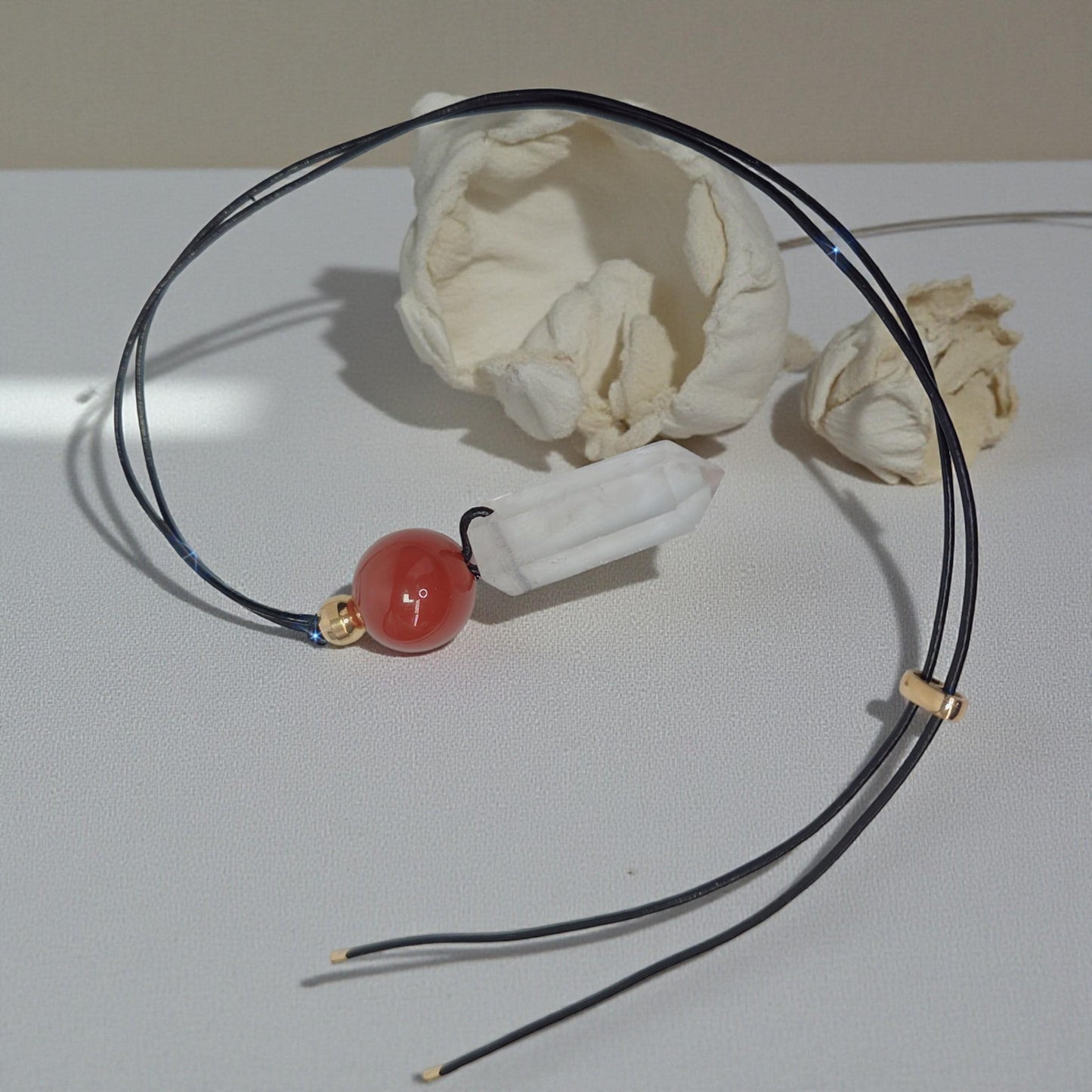 Clear Quartz Necklace, Red Agate Chunky Crystal Pendant, Healing Spiritual Jewelry, Protection Gift, adjustable leather cord