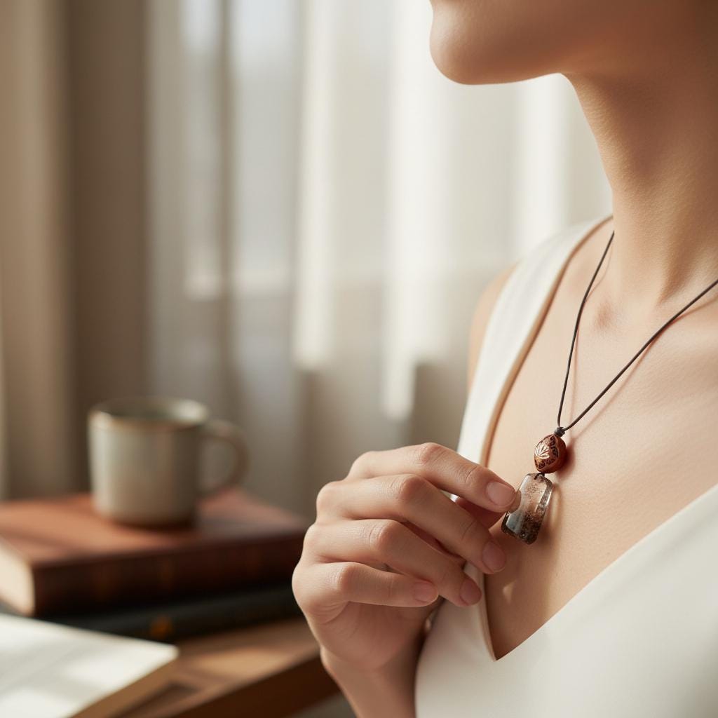 Geometric Garden Quartz Pendant, Chunky Phantom Quartz Necklace with Red Sandalwood, 18k Gold Lotus, Adjustable Leather Cord #2566