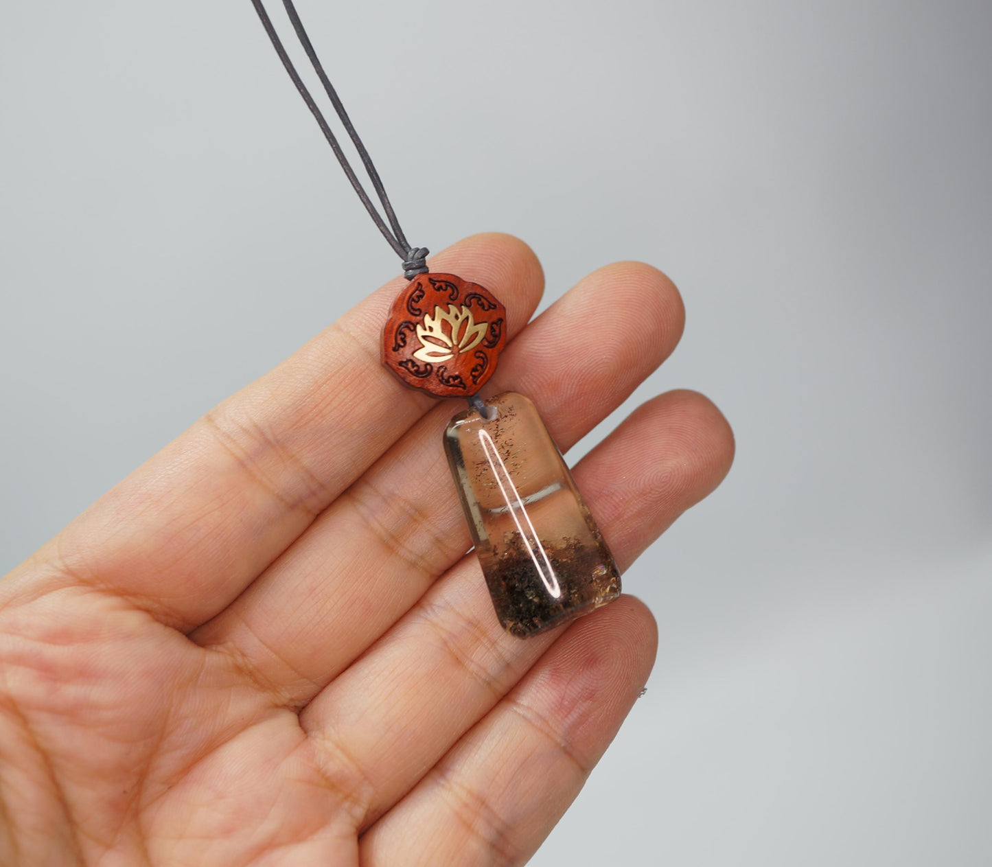 Geometric Garden Quartz Pendant, Chunky Phantom Quartz Necklace with Red Sandalwood, 18k Gold Lotus, Adjustable Leather Cord #2566