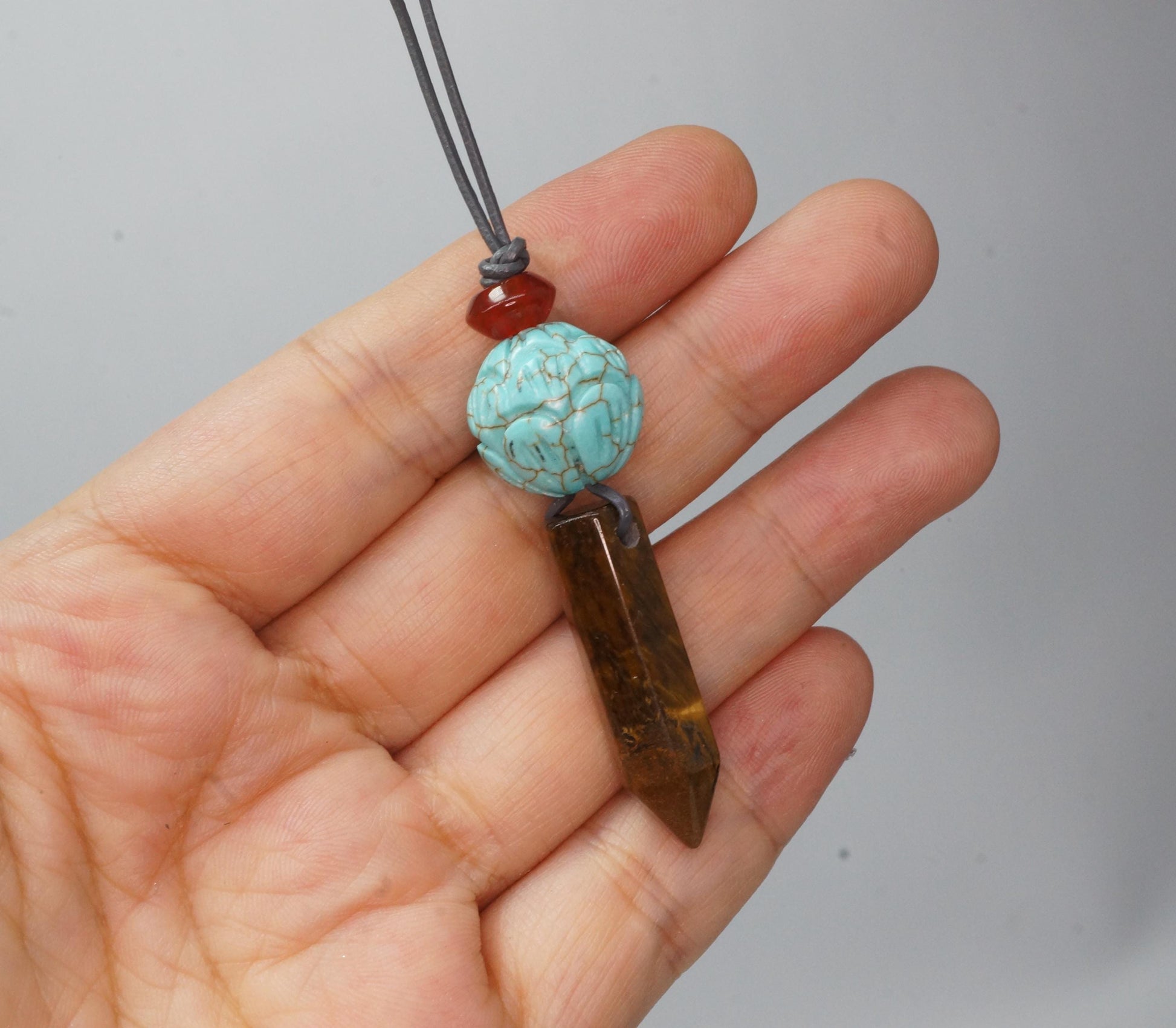 Geometric Tiger's Eye Pendant Necklace, Chunky Crystal Point with Red Carnelian and Turquoise Lotus, Adjustable Leather Cord #2565