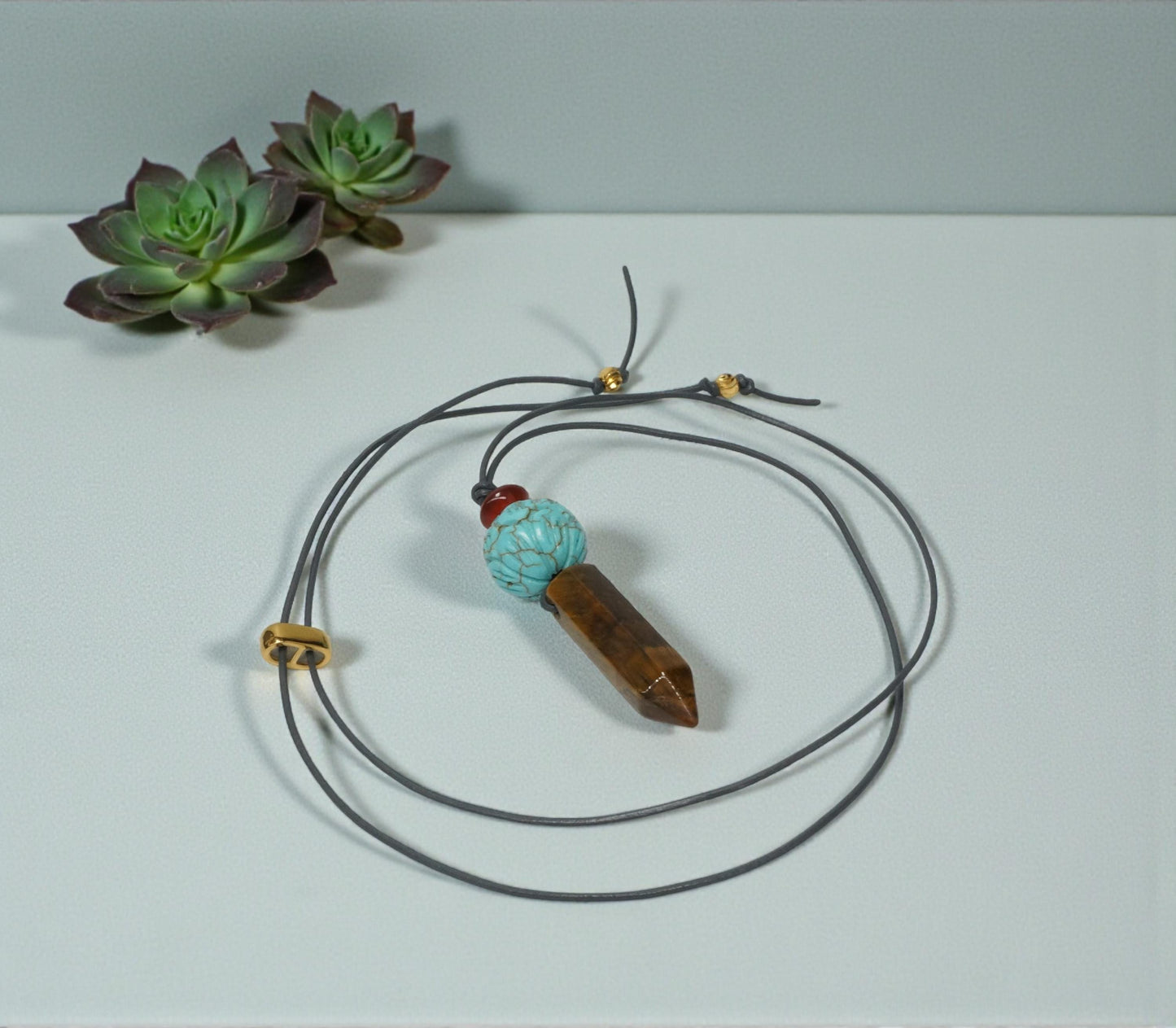 Geometric Tiger's Eye Pendant Necklace, Chunky Crystal Point with Red Carnelian and Turquoise Lotus, Adjustable Leather Cord #2565