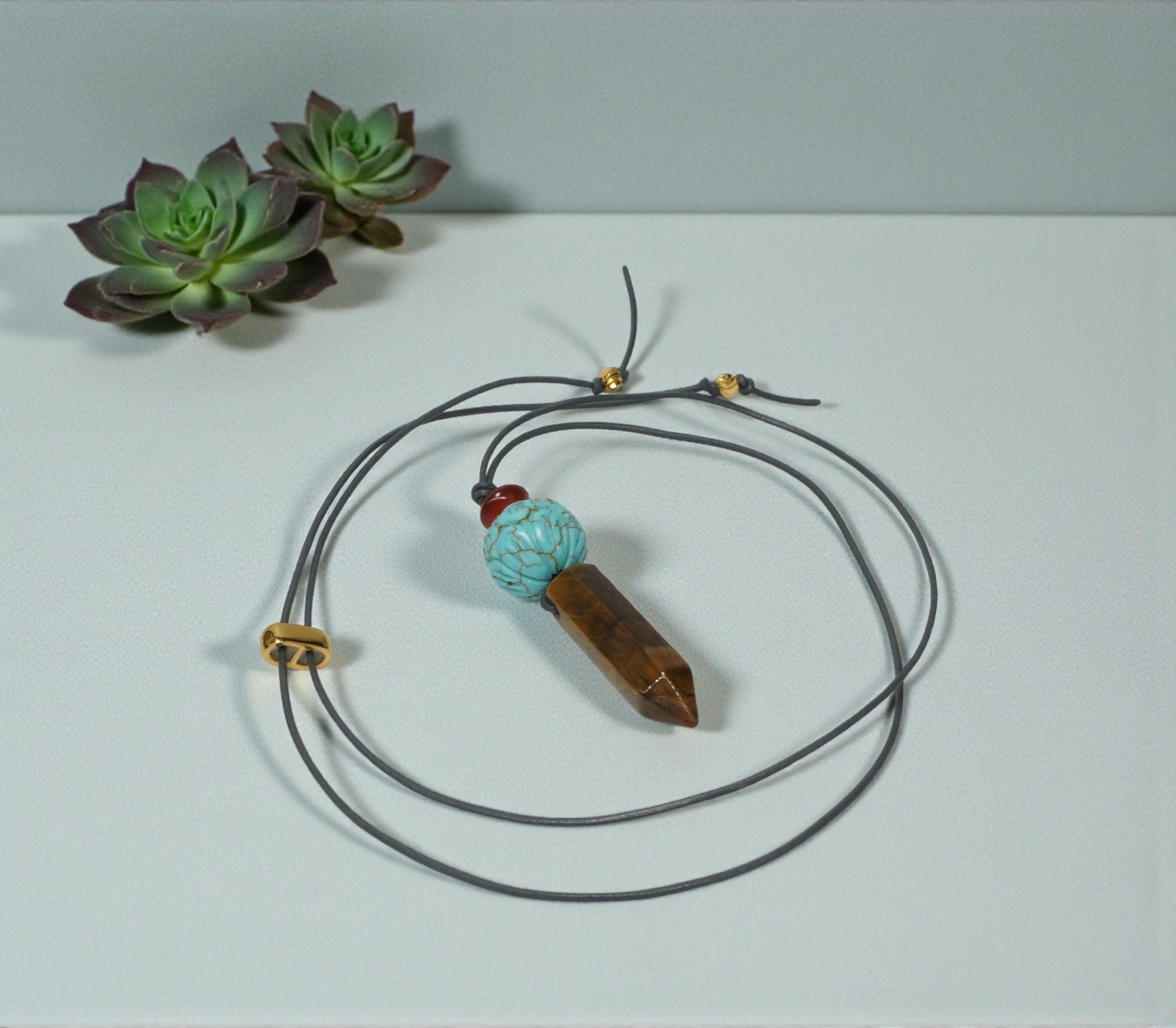 Geometric Tiger's Eye Pendant Necklace, Chunky Crystal Point with Red Carnelian and Turquoise Lotus, Adjustable Leather Cord #2565