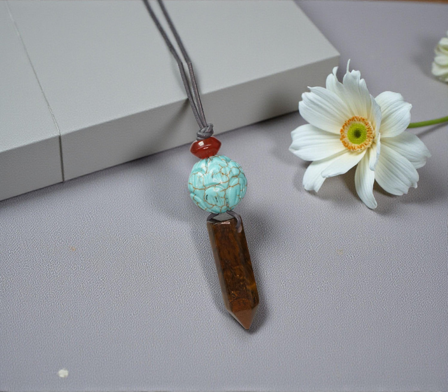 Geometric Tiger's Eye Pendant Necklace, Chunky Crystal Point with Red Carnelian and Turquoise Lotus, Adjustable Leather Cord #2565