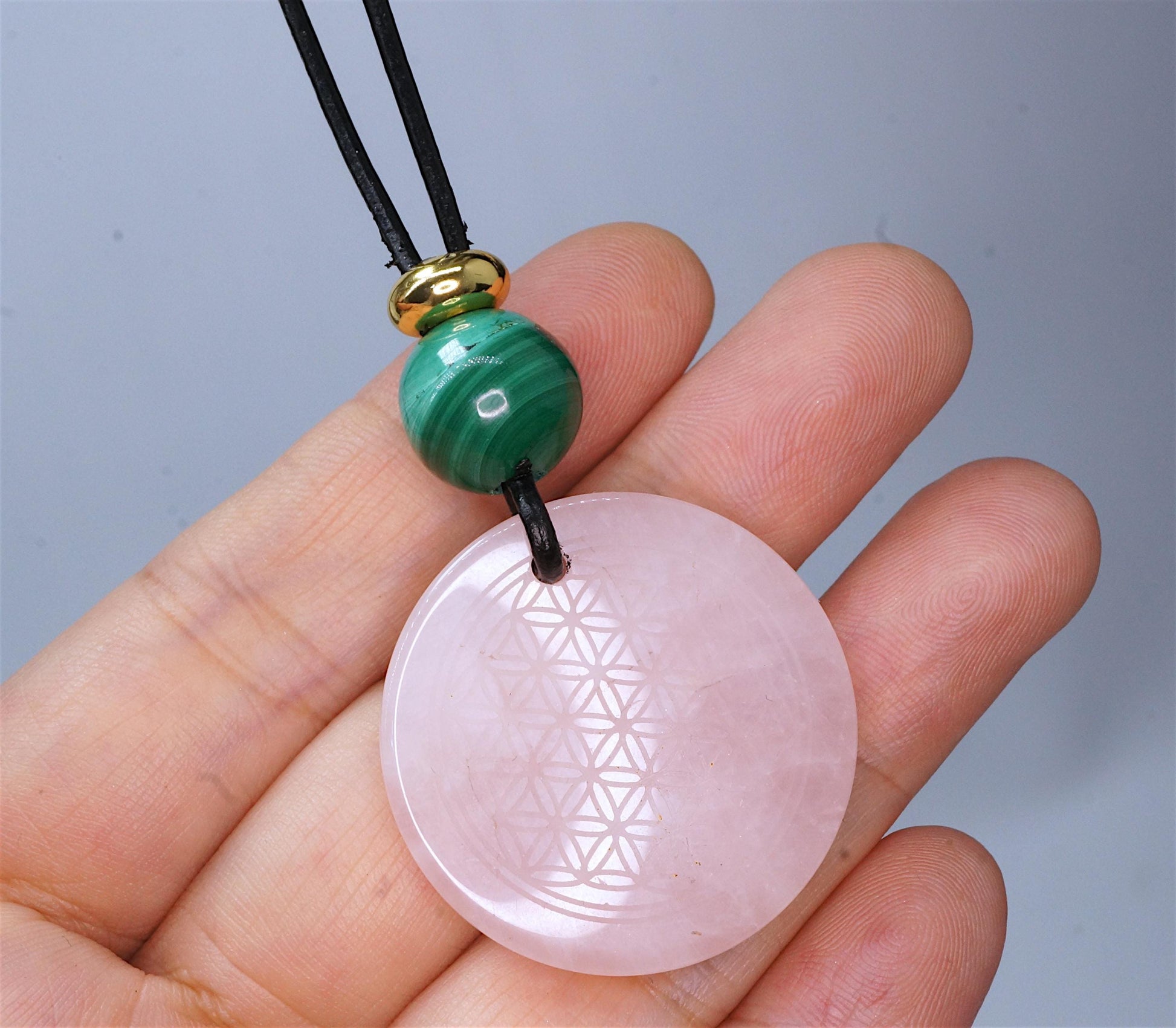 Geometric Flower of Life Rose Quartz Necklace, Chunky Malachite Bead Spiritual Pendant, Adjustable Leather Cord up to 30 Inches #2564