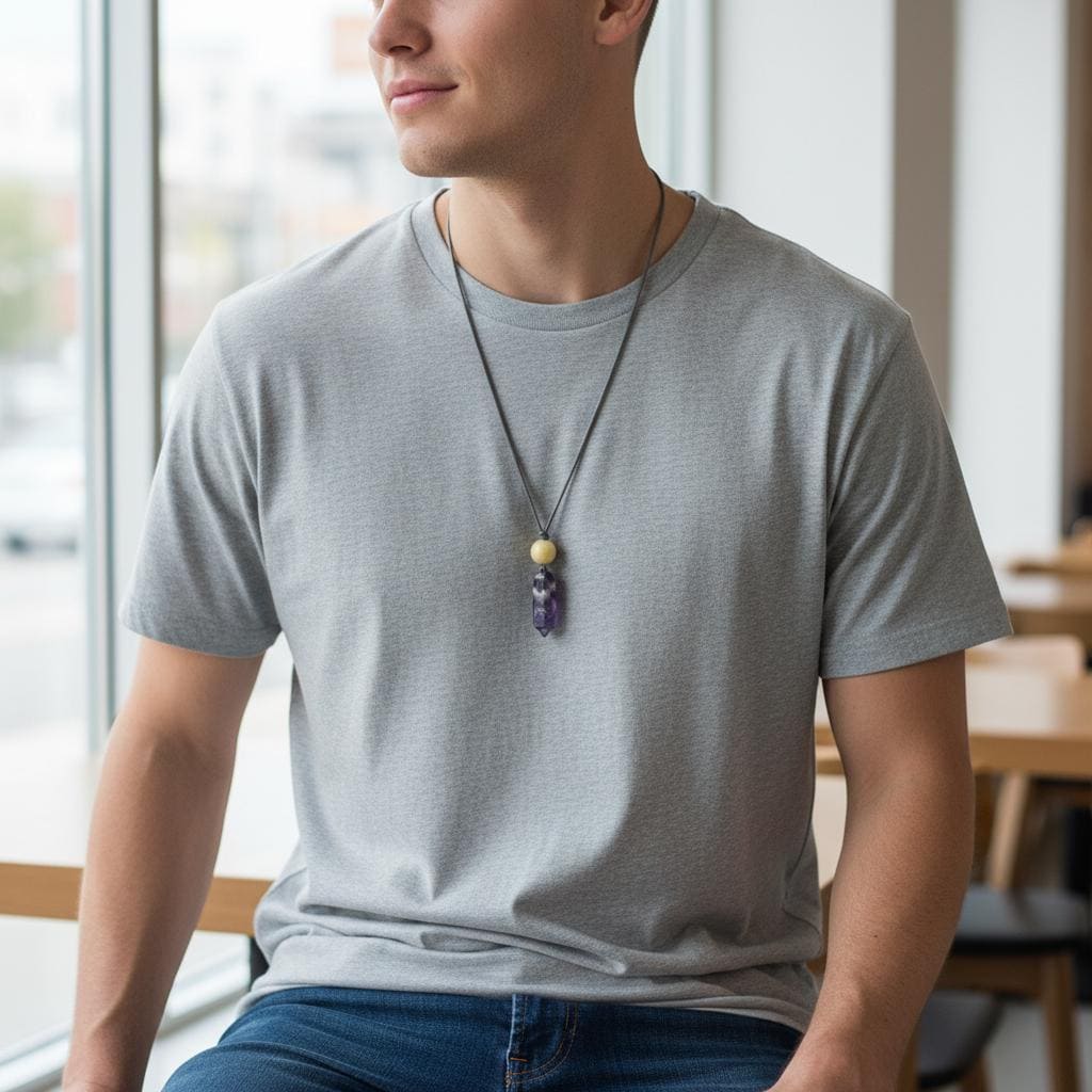 Geometric Chevron Amethyst Crystal Point Necklace, Chunky Dreamy Amethyst with Yellow Jade, Adjustable Leather Cord up to 30 Inches