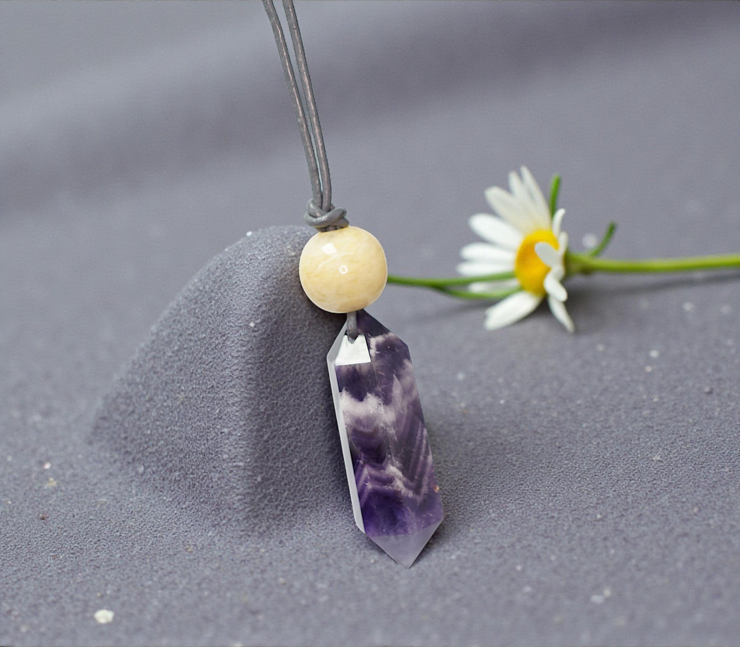 Geometric Chevron Amethyst Crystal Point Necklace, Chunky Dreamy Amethyst with Yellow Jade, Adjustable Leather Cord up to 30 Inches