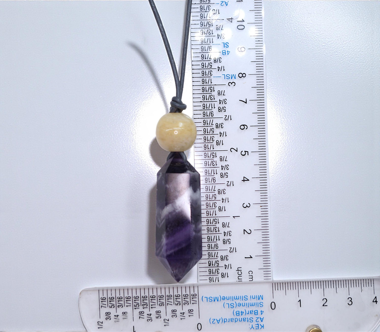 Geometric Chevron Amethyst Crystal Point Necklace, Chunky Dreamy Amethyst with Yellow Jade, Adjustable Leather Cord up to 30 Inches