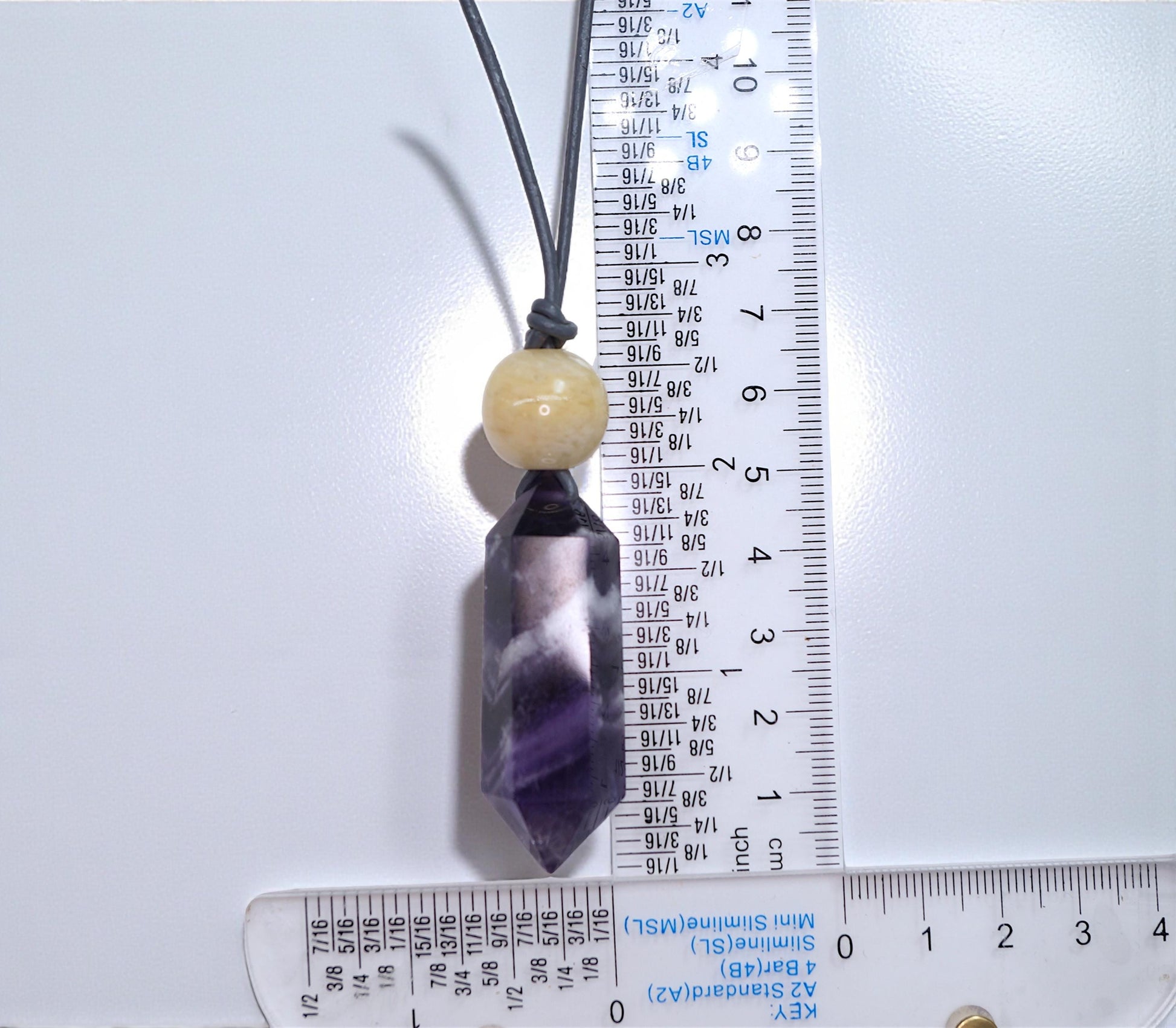 Geometric Chevron Amethyst Crystal Point Necklace, Chunky Dreamy Amethyst with Yellow Jade, Adjustable Leather Cord up to 30 Inches