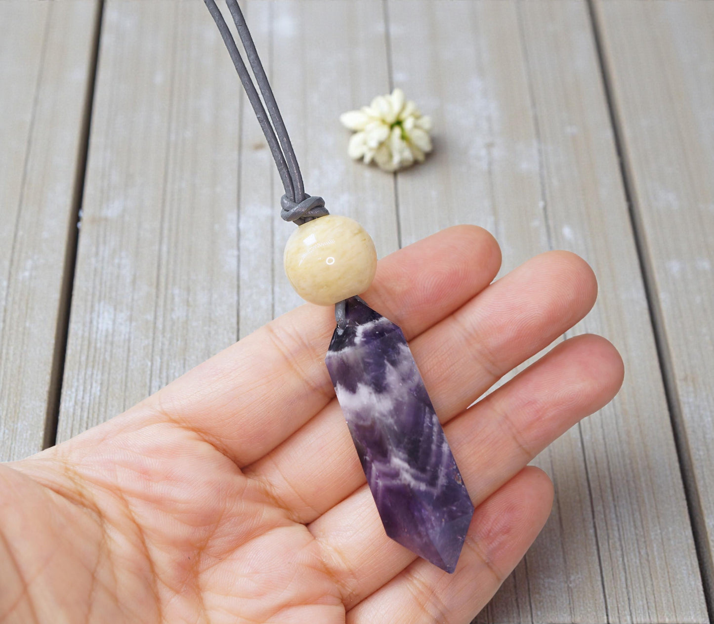 Geometric Chevron Amethyst Crystal Point Necklace, Chunky Dreamy Amethyst with Yellow Jade, Adjustable Leather Cord up to 30 Inches