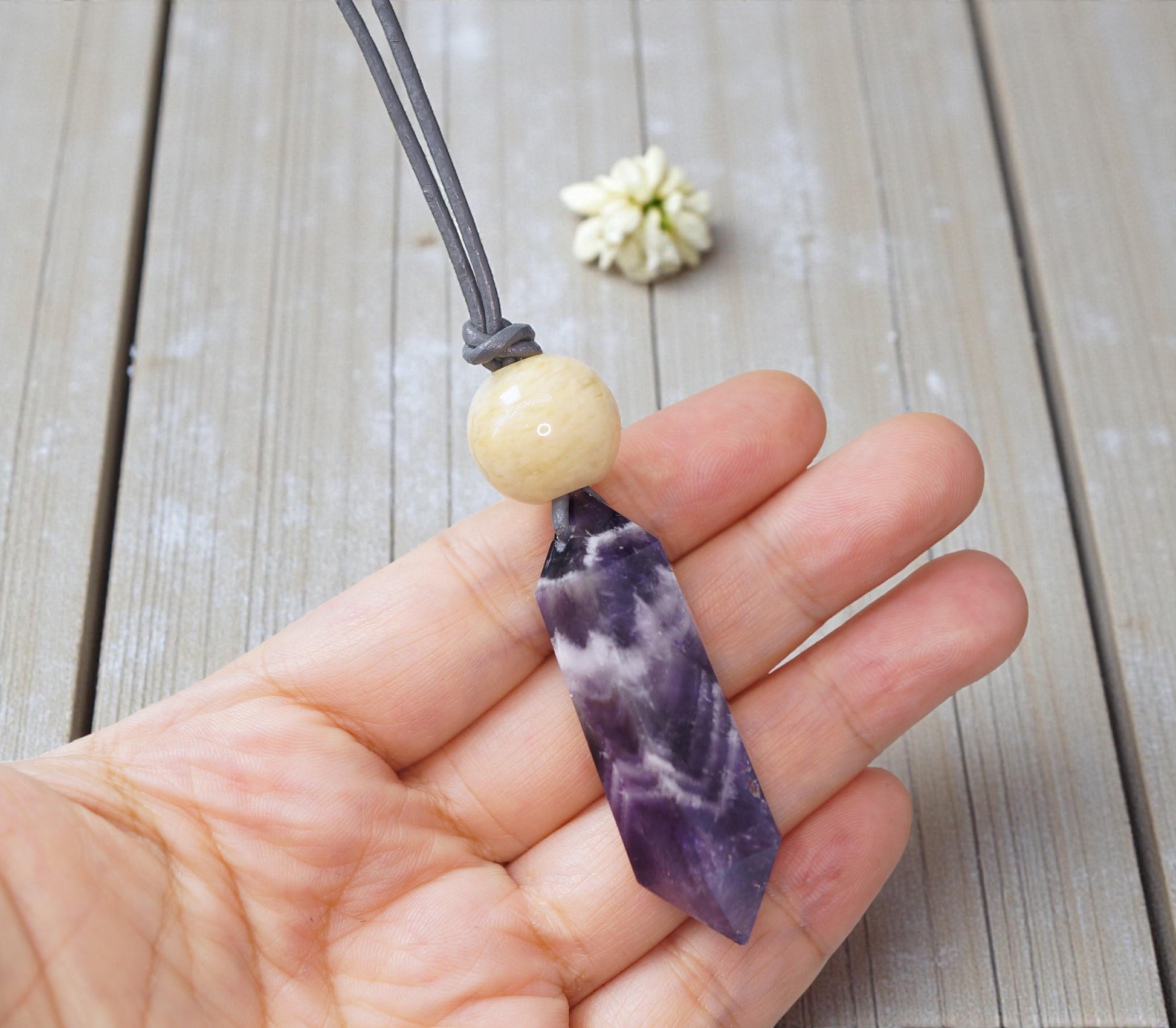Geometric Chevron Amethyst Crystal Point Necklace, Chunky Dreamy Amethyst with Yellow Jade, Adjustable Leather Cord up to 30 Inches