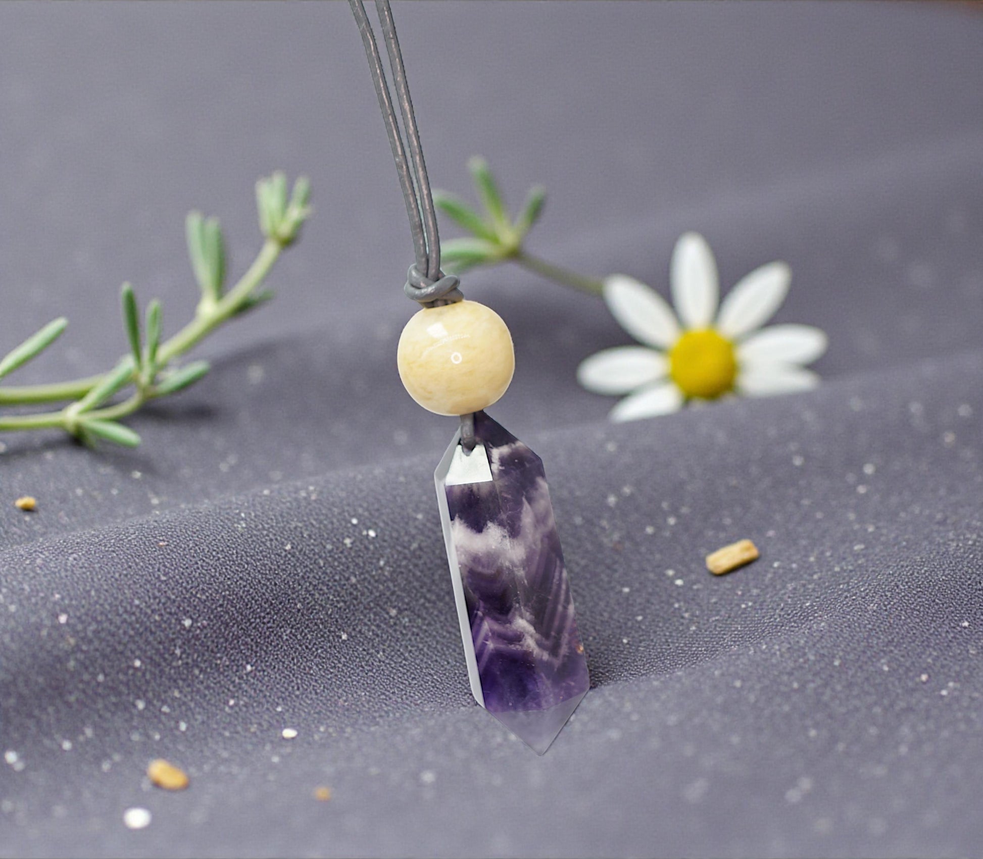 Geometric Chevron Amethyst Crystal Point Necklace, Chunky Dreamy Amethyst with Yellow Jade, Adjustable Leather Cord up to 30 Inches