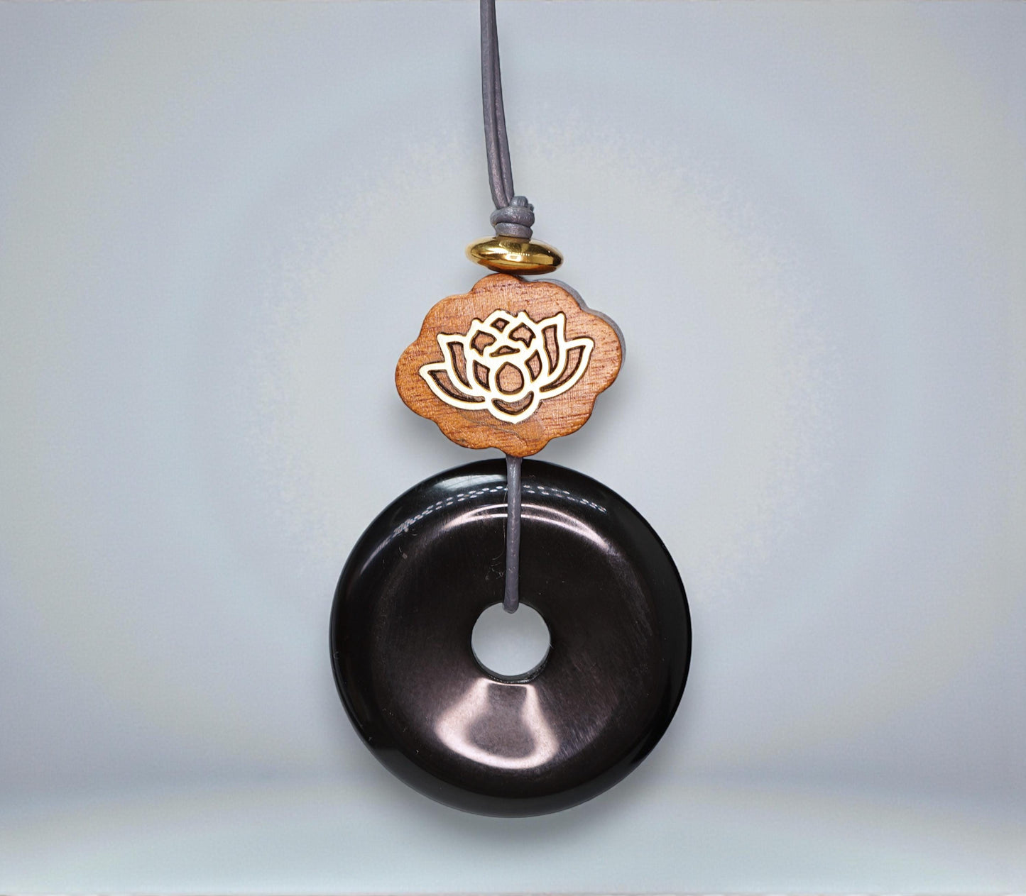 Geometric Black Obsidian Donut Pendant for Protection, Chunky Natural Obsidian Necklace with Sandalwood Lotus, Adjustable cord 24" #2563