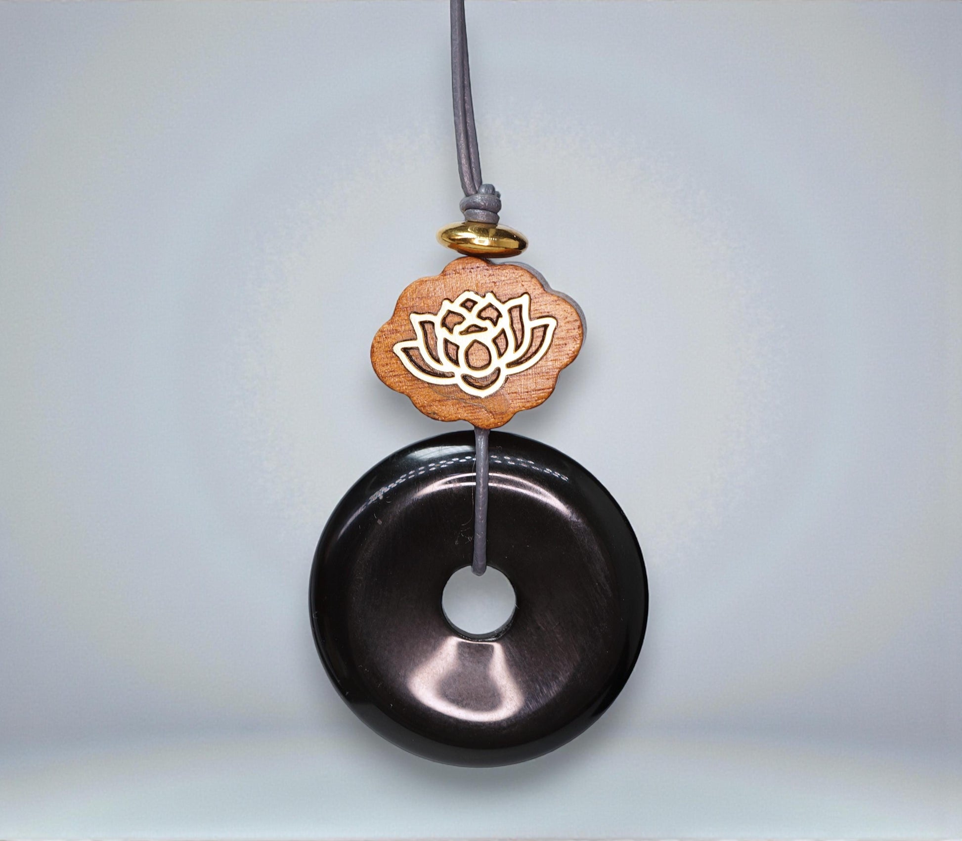 Geometric Black Obsidian Donut Pendant for Protection, Chunky Natural Obsidian Necklace with Sandalwood Lotus, Adjustable cord 24" #2563