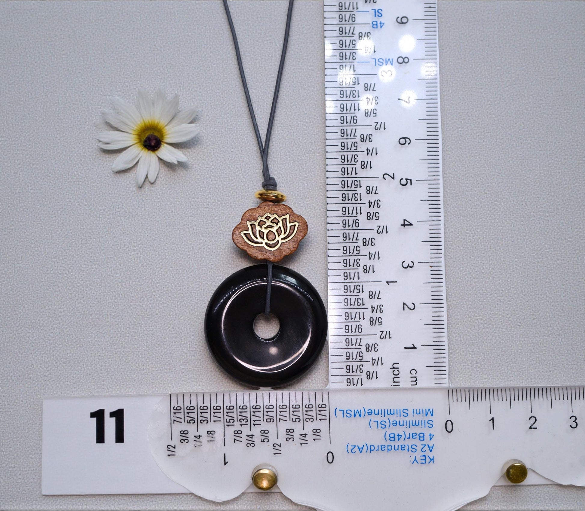 Geometric Black Obsidian Donut Pendant for Protection, Chunky Natural Obsidian Necklace with Sandalwood Lotus, Adjustable cord 24" #2563