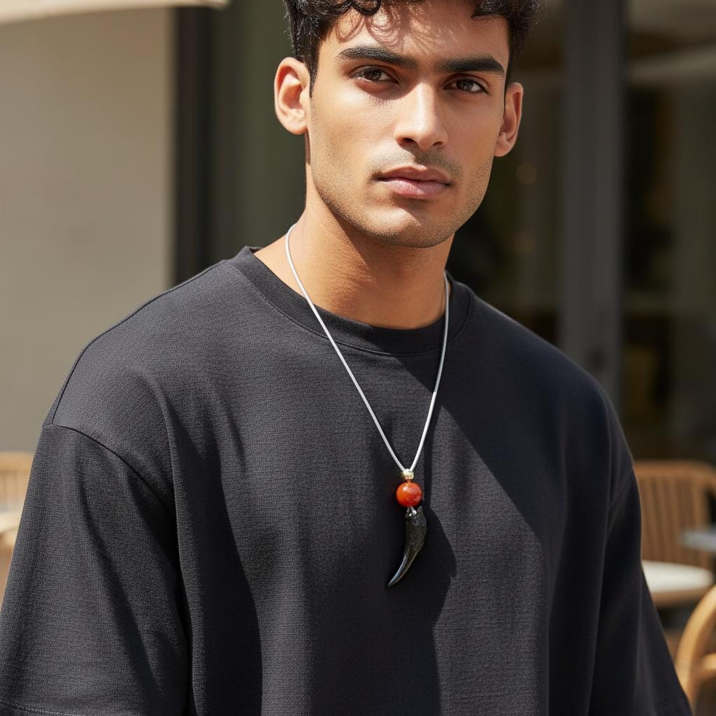 Geometric Obsidian Wolf Tooth Pendant for Strength, Chunky Natural Obsidian Necklace with Red Carnelian, Adjustable Leather Cord 30" #2562