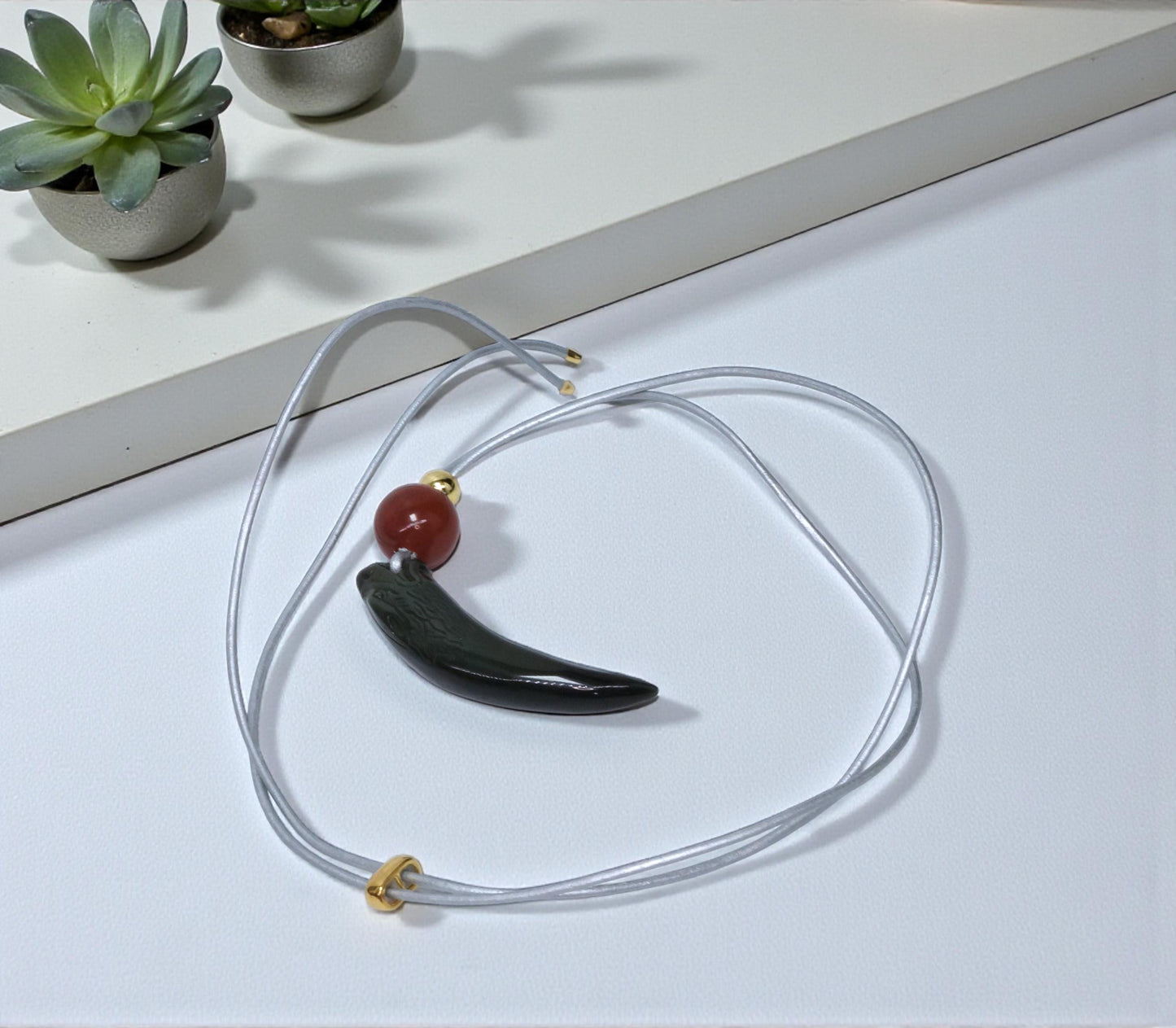 Geometric Obsidian Wolf Tooth Pendant for Strength, Chunky Natural Obsidian Necklace with Red Carnelian, Adjustable Leather Cord 30" #2562