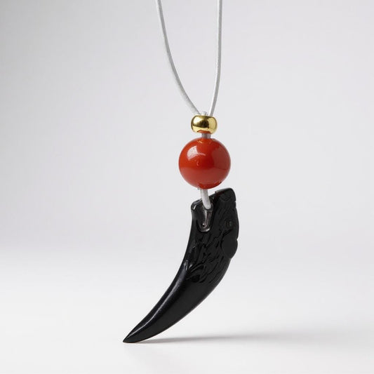 Geometric Obsidian Wolf Tooth Pendant for Strength, Chunky Natural Obsidian Necklace with Red Carnelian, Adjustable Leather Cord 30" #2562