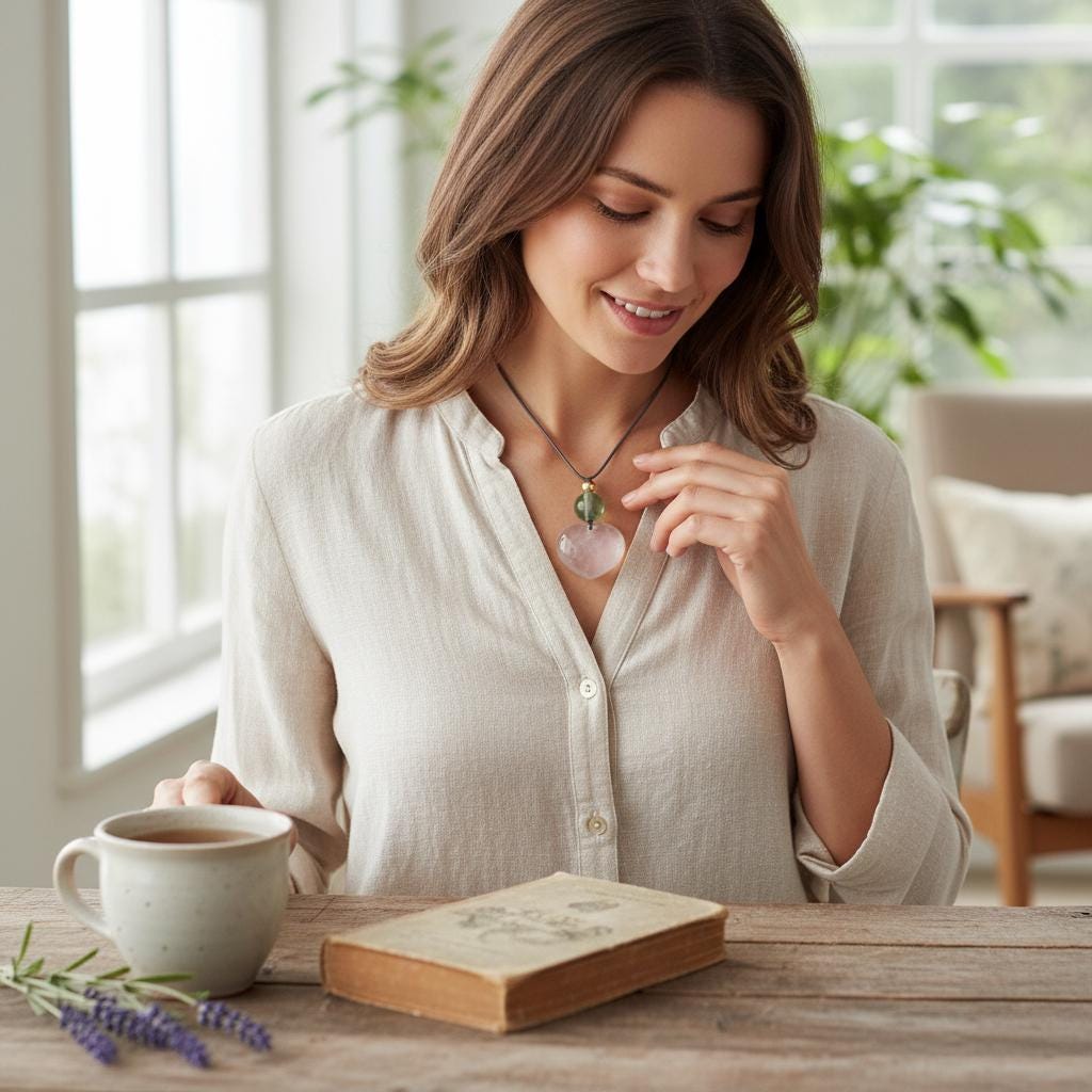 Geometric Heart Rose Quartz Pendant for Love, Chunky Natural Rose Quartz Necklace with Green Fluorite, Adjustable Leather Cord 30" #2561