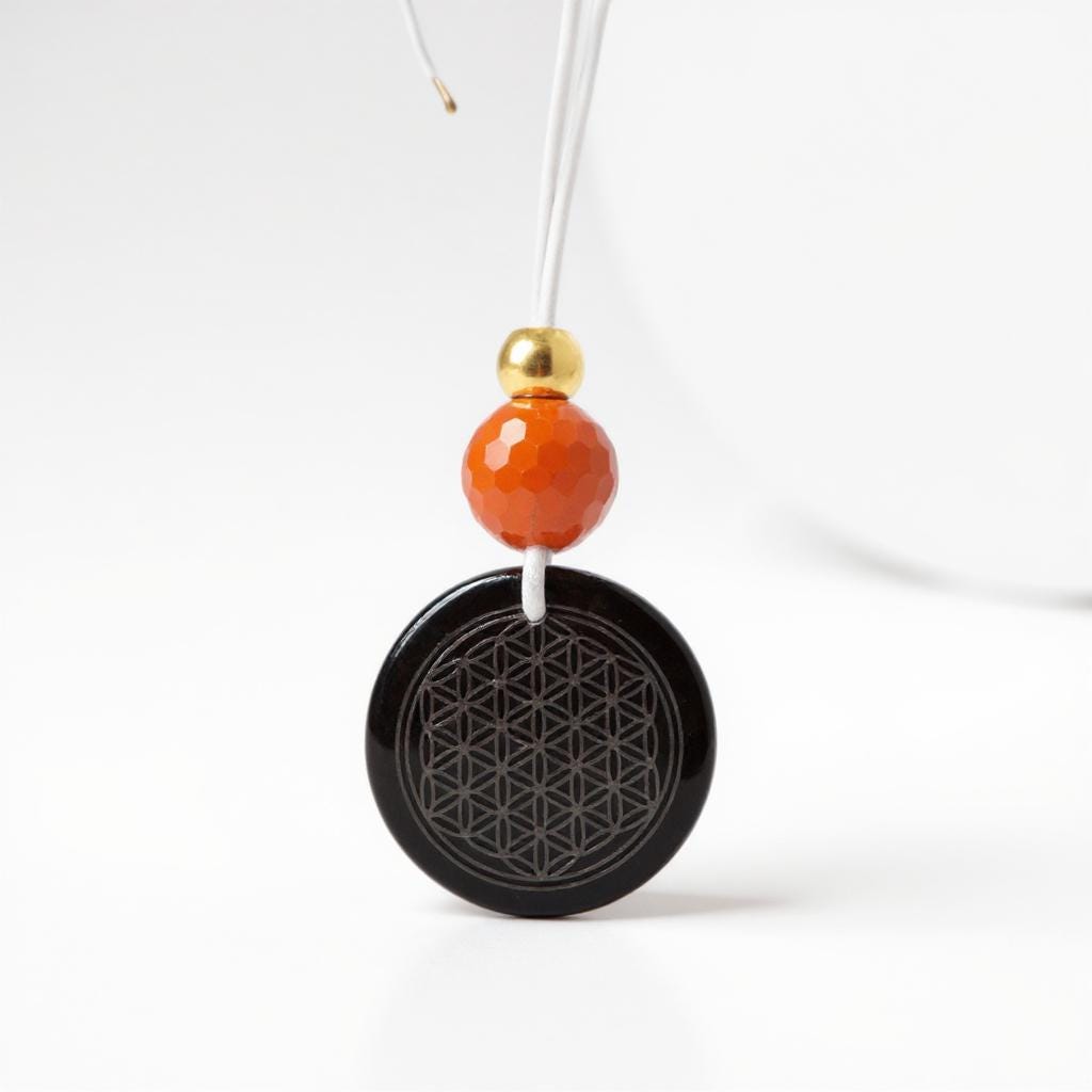 Geometric Flower of Life Obsidian Necklace, Chunky Black Obsidian Pendant with Red Jasper, Adjustable Leather Cord 30 inches #2560