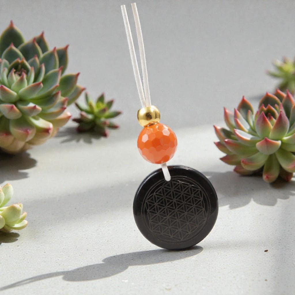 Geometric Flower of Life Obsidian Necklace, Chunky Black Obsidian Pendant with Red Jasper, Adjustable Leather Cord 30 inches #2560