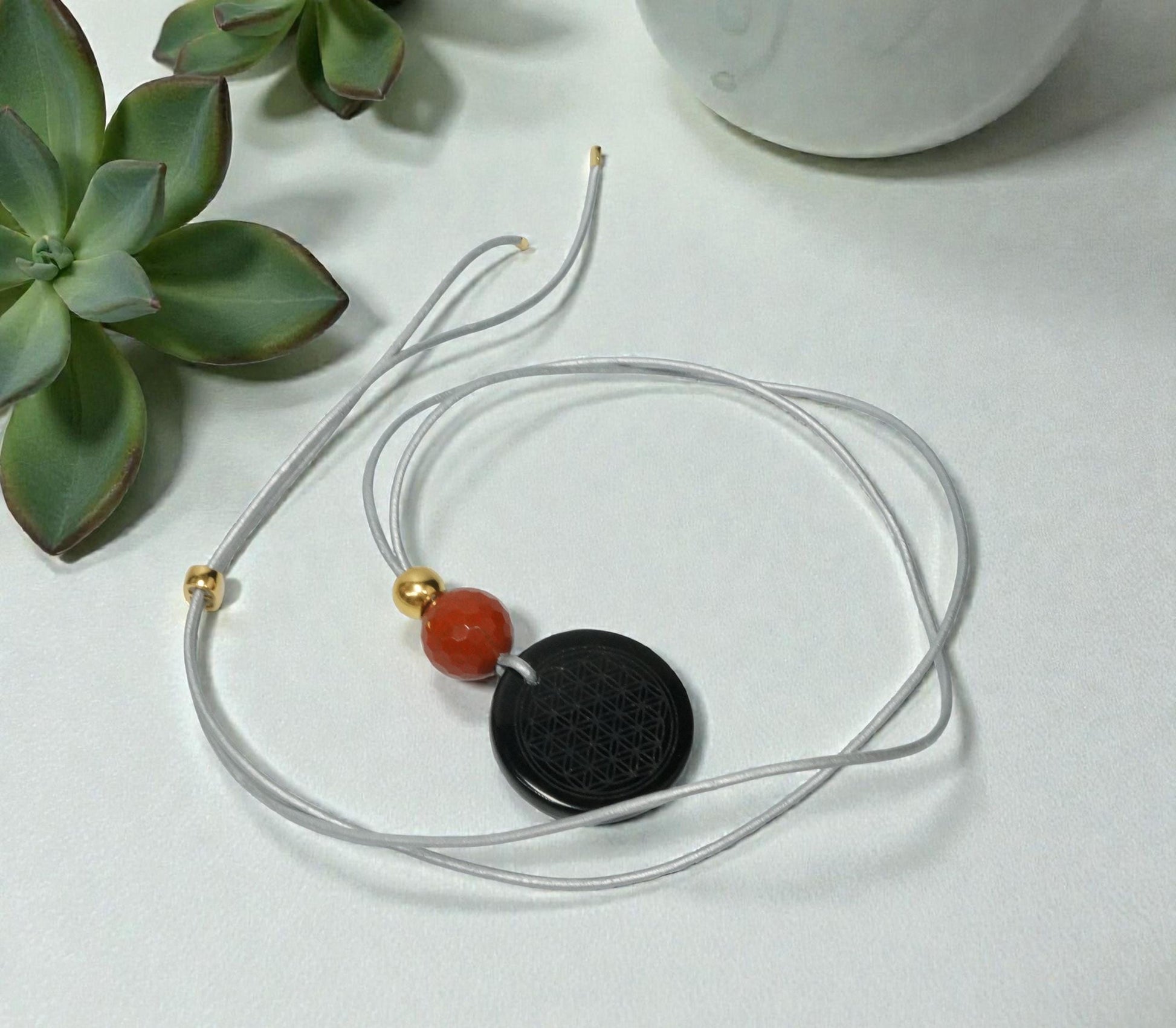 Geometric Flower of Life Obsidian Necklace, Chunky Black Obsidian Pendant with Red Jasper, Adjustable Leather Cord 30 inches #2560