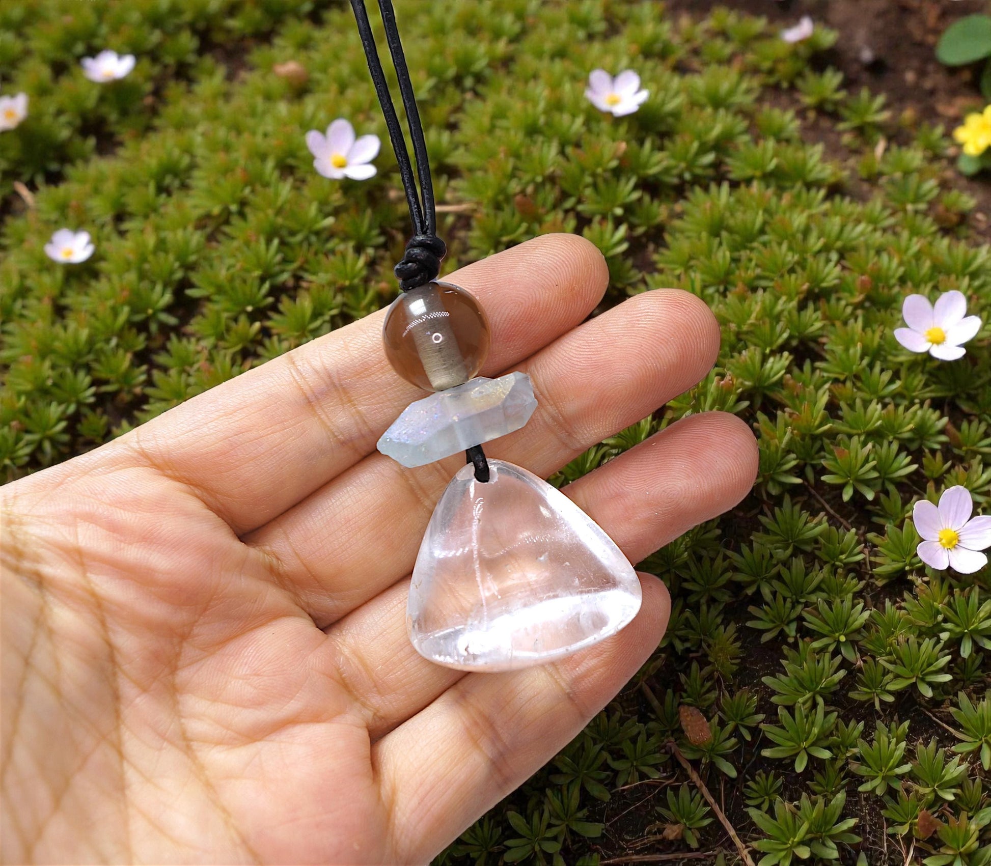 Geometric Irregular Clear Quartz Pendant, Chunky Aura Blue Crystal Necklace with Smoky Quartz, Adjustable Leather Cord up to 30 inches #2559