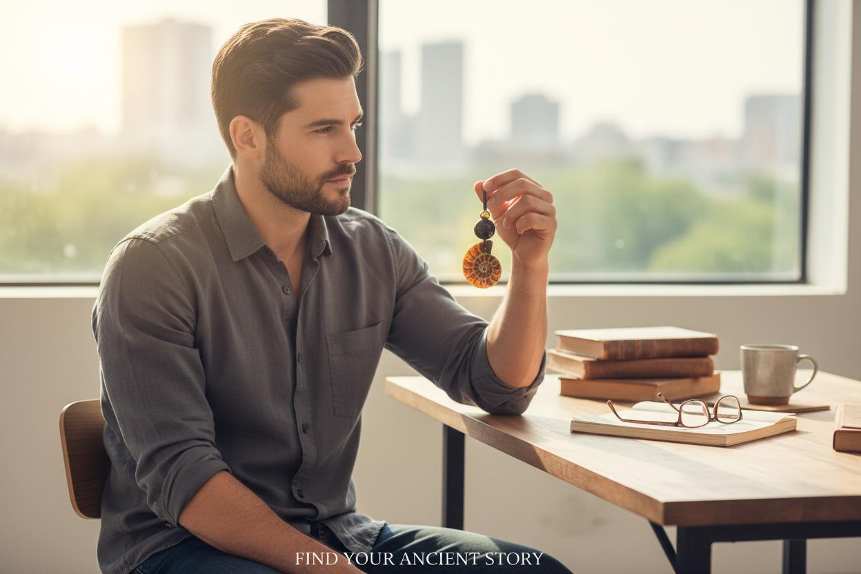 Geometric Ancient Ammonite Fossil Necklace, Chunky Natural Shell Pendant with Black Obsidian, Adjustable Leather Cord up to 30 inches #2558