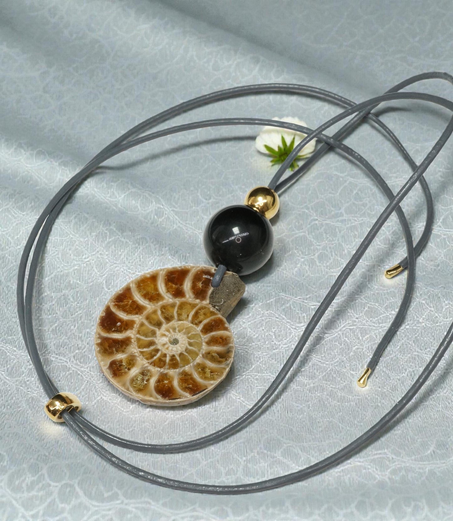 Geometric Ancient Ammonite Fossil Necklace, Chunky Natural Shell Pendant with Black Obsidian, Adjustable Leather Cord up to 30 inches #2558