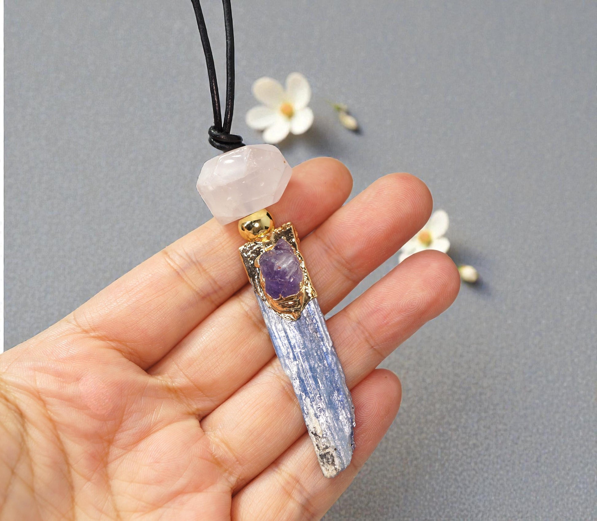 Geometric Raw Kyanite Pendant with Amethyst, Chunky Irregular Rose Quartz Crystal Necklace, Adjustable Leather Cord up to 30 inches #2557