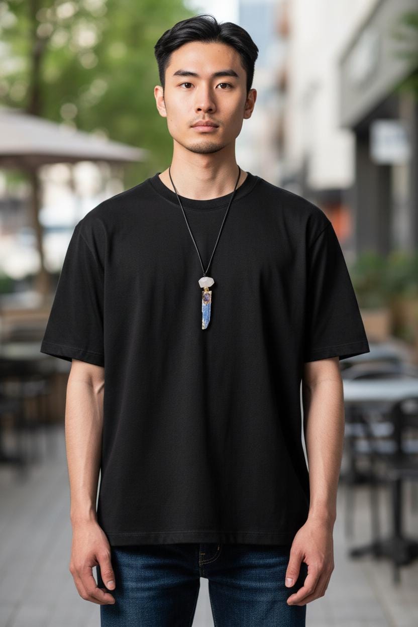 Geometric Raw Kyanite Pendant with Amethyst, Chunky Irregular Rose Quartz Crystal Necklace, Adjustable Leather Cord up to 30 inches #2557