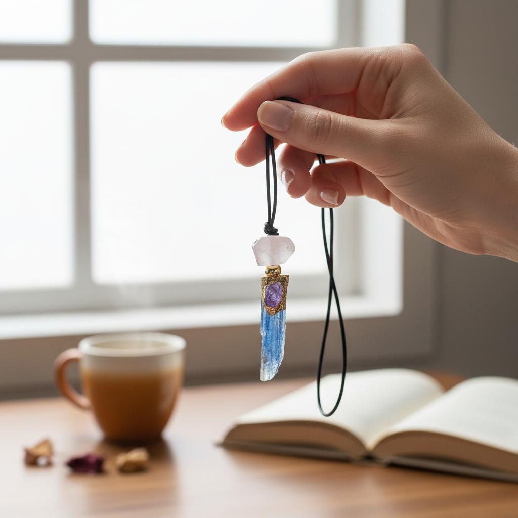 Geometric Raw Kyanite Pendant with Amethyst, Chunky Irregular Rose Quartz Crystal Necklace, Adjustable Leather Cord up to 30 inches #2557