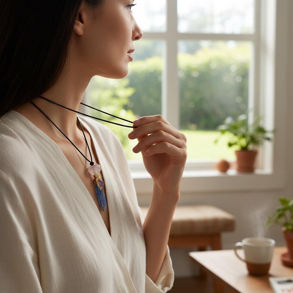 Geometric Raw Kyanite Pendant with Amethyst, Chunky Irregular Rose Quartz Crystal Necklace, Adjustable Leather Cord up to 30 inches #2557