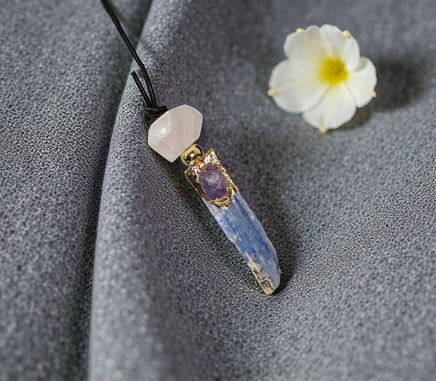 Geometric Raw Kyanite Pendant with Amethyst, Chunky Irregular Rose Quartz Crystal Necklace, Adjustable Leather Cord up to 30 inches #2557