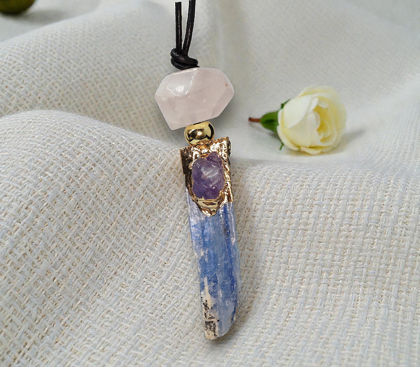 Geometric Raw Kyanite Pendant with Amethyst, Chunky Irregular Rose Quartz Crystal Necklace, Adjustable Leather Cord up to 30 inches #2557