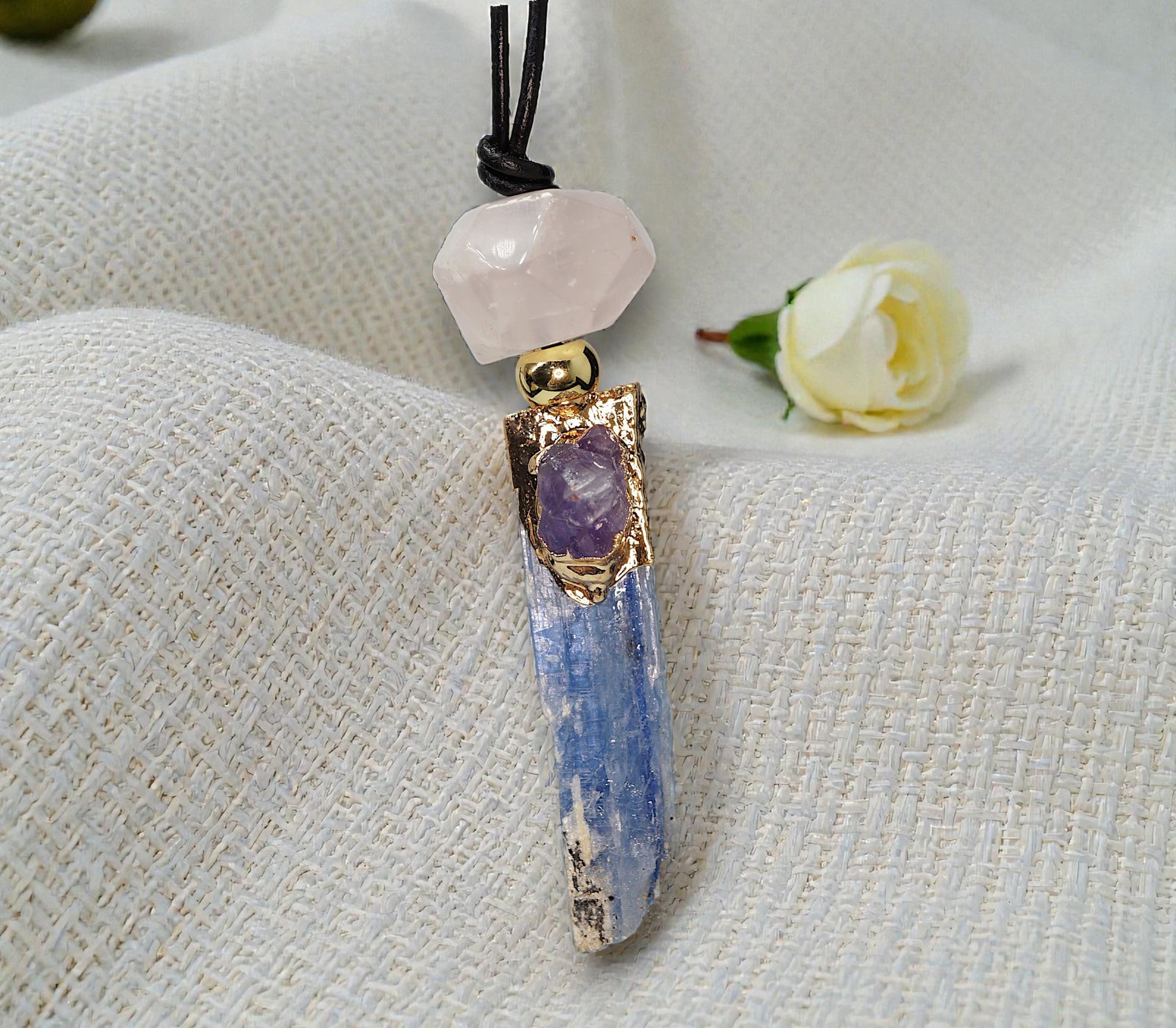 Geometric Raw Kyanite Pendant with Amethyst, Chunky Irregular Rose Quartz Crystal Necklace, Adjustable Leather Cord up to 30 inches #2557
