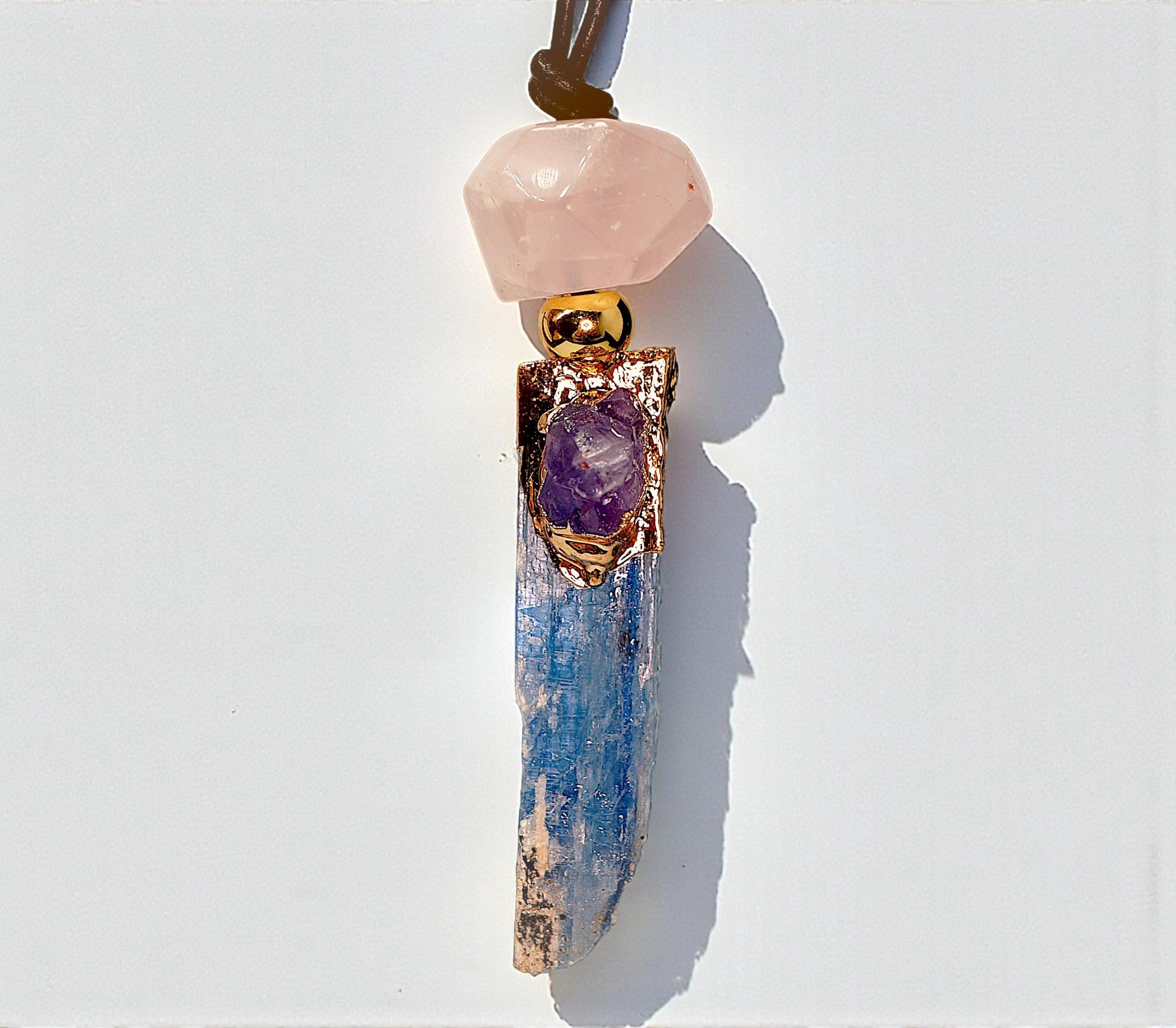 Geometric Raw Kyanite Pendant with Amethyst, Chunky Irregular Rose Quartz Crystal Necklace, Adjustable Leather Cord up to 30 inches #2557