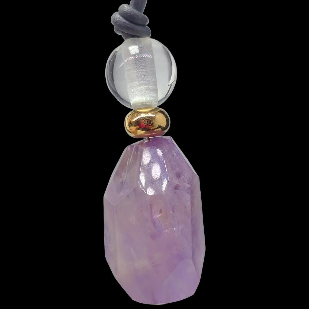 Geometric Amethyst Pendant Necklace, Natural Purple Crystal Clear Quartz Chunky Jewelry for Women, Adjustable Leather Cord #2556
