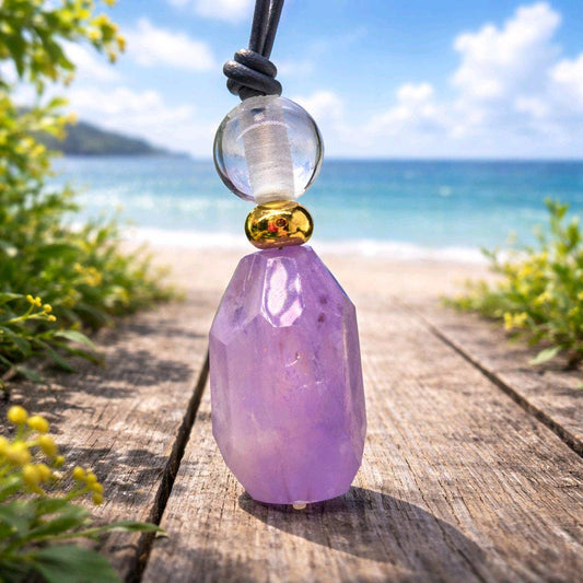 Geometric Amethyst Pendant Necklace, Natural Purple Crystal Clear Quartz Chunky Jewelry for Women, Adjustable Leather Cord #2556