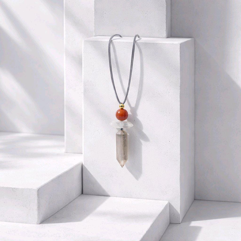 Geometric Smoky Quartz Pendant, Red Carnelian Clear Quartz Chunky Necklace, Healing Crystal Jewelry Adjustable Leather Cord up to 30" #2555