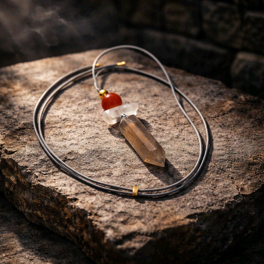 Geometric Smoky Quartz Pendant, Red Carnelian Clear Quartz Chunky Necklace, Healing Crystal Jewelry Adjustable Leather Cord up to 30" #2555