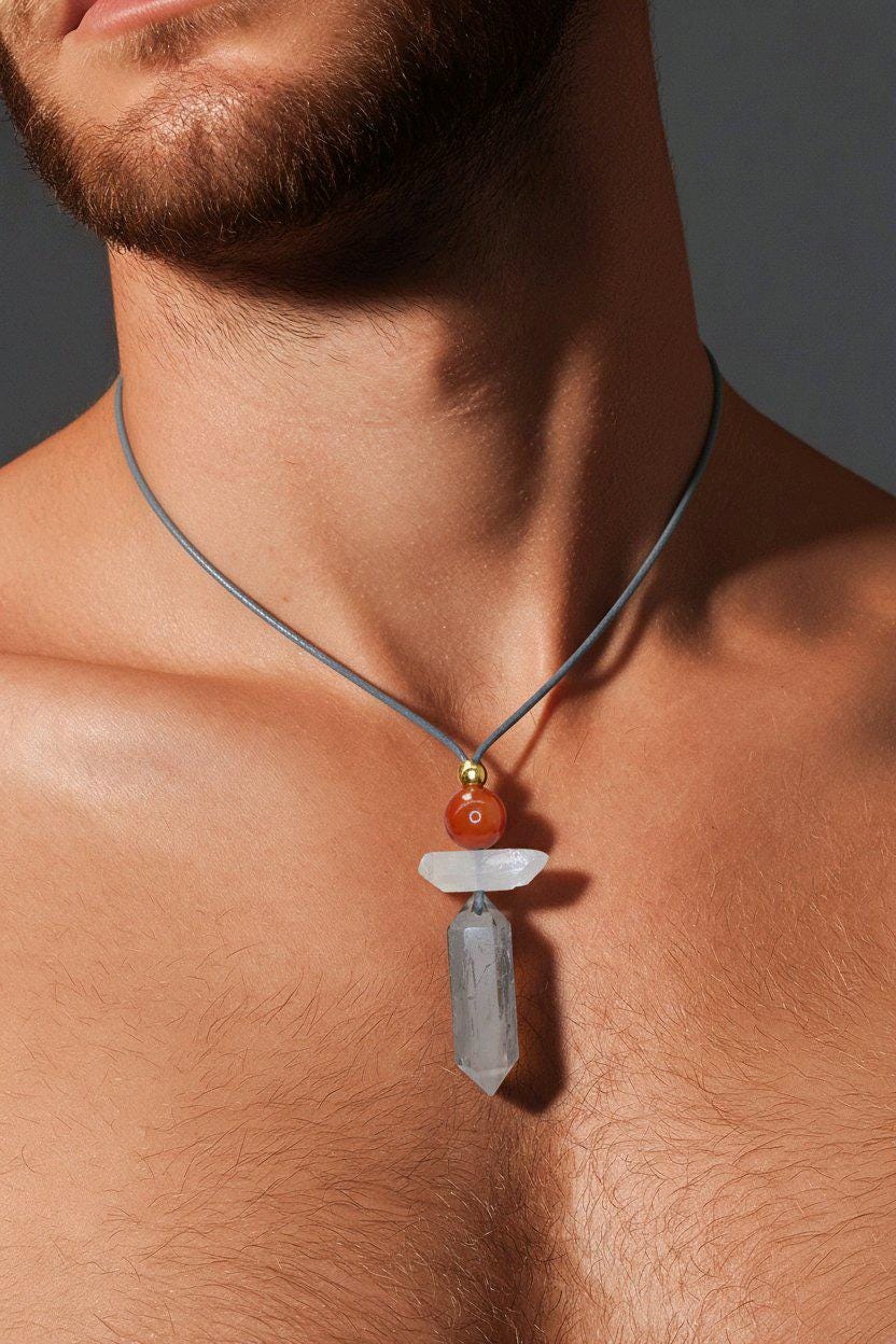 Geometric Smoky Quartz Pendant, Red Carnelian Clear Quartz Chunky Necklace, Healing Crystal Jewelry Adjustable Leather Cord up to 30" #2555