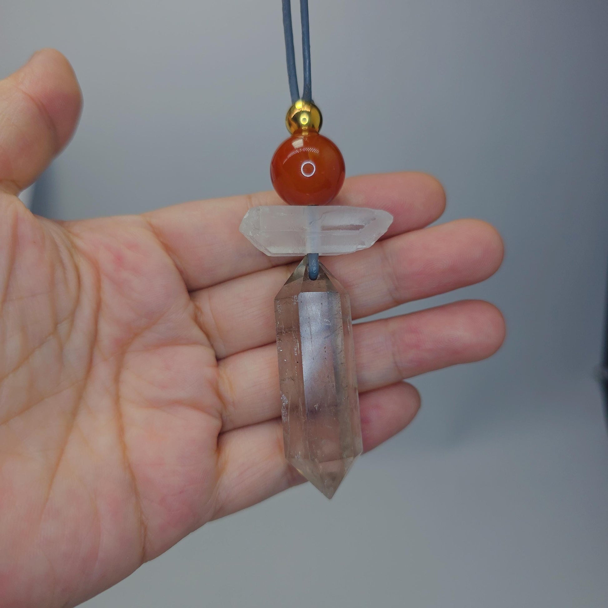 Geometric Smoky Quartz Pendant, Red Carnelian Clear Quartz Chunky Necklace, Healing Crystal Jewelry Adjustable Leather Cord up to 30" #2555