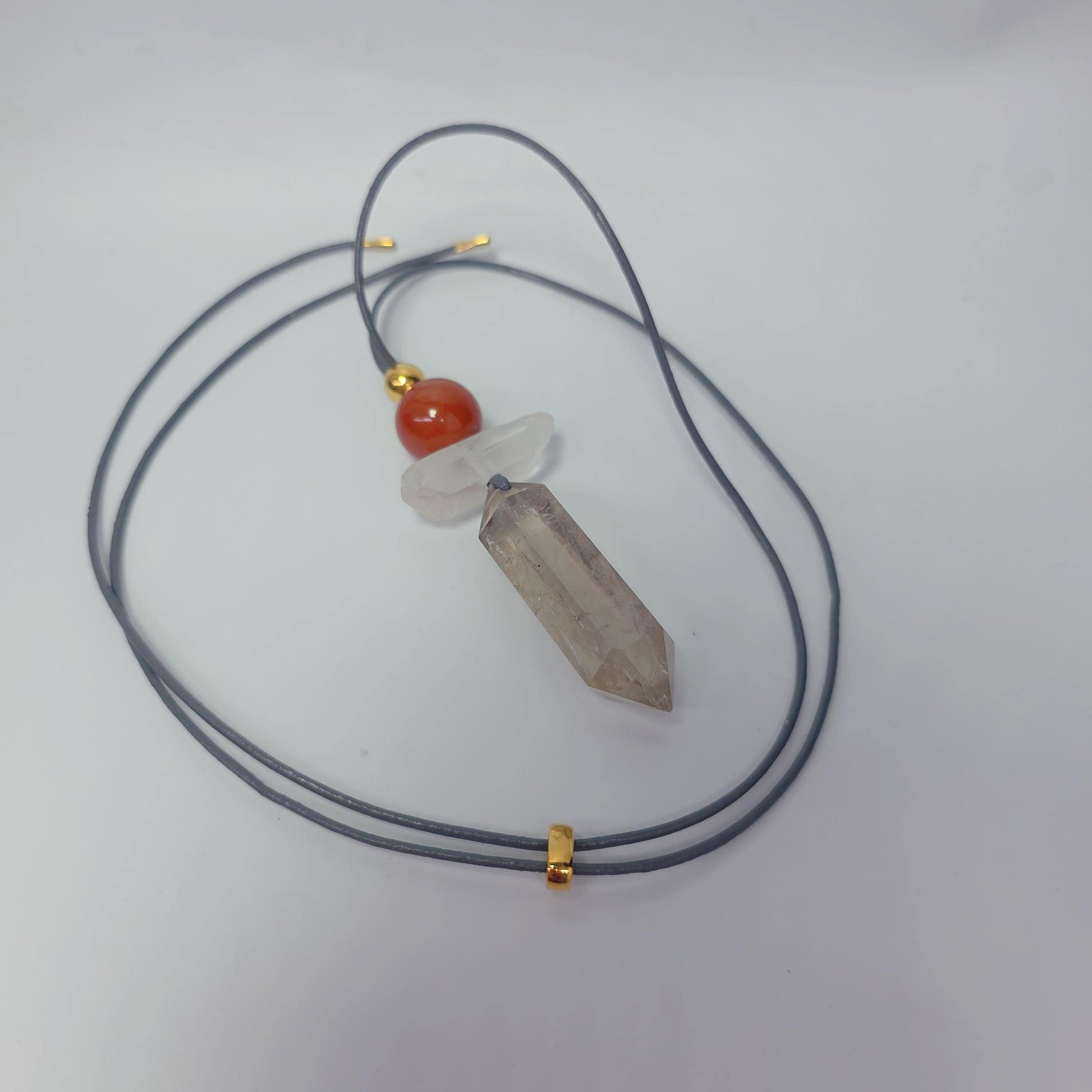 Geometric Smoky Quartz Pendant, Red Carnelian Clear Quartz Chunky Necklace, Healing Crystal Jewelry Adjustable Leather Cord up to 30" #2555