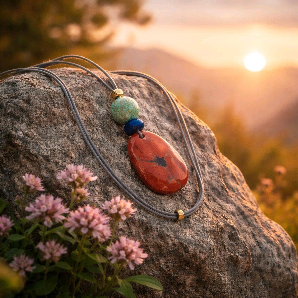 Red Jasper Turquoise Lapis Lazuli Pendant Necklace, Geometric Natural Gemstone Chunky Jewelry, Adjustable Leather Cord up to 30 inches #2544