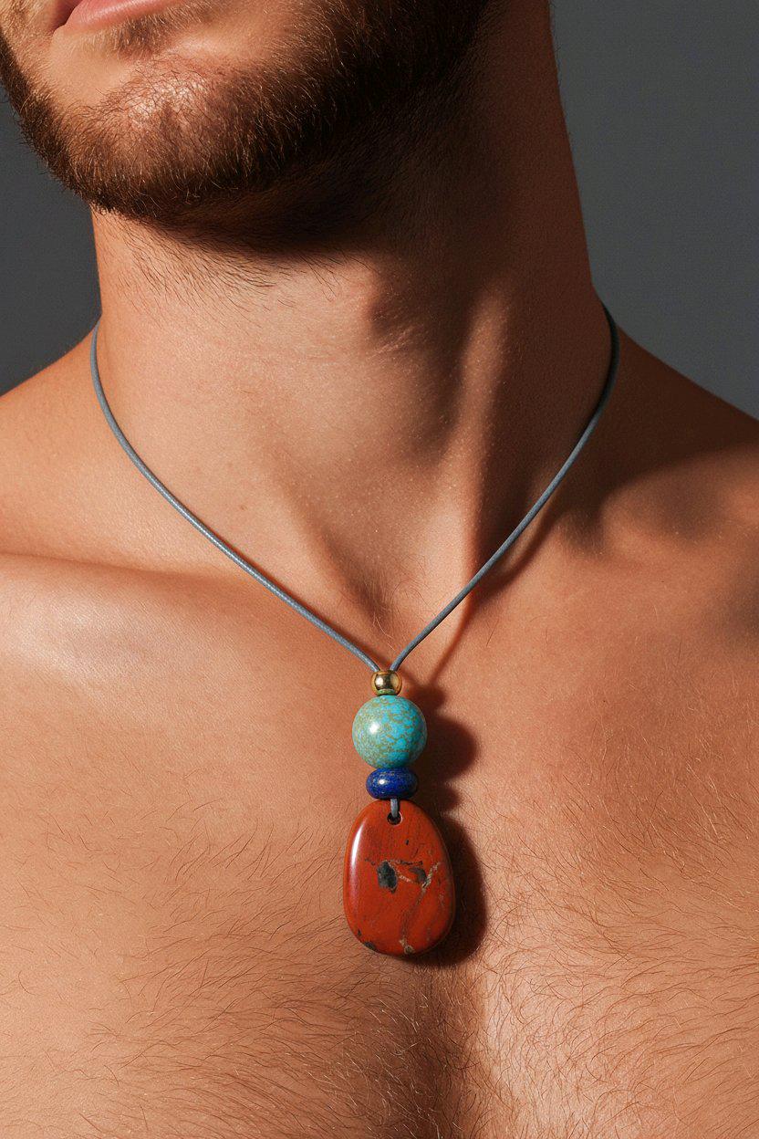 Red Jasper Turquoise Lapis Lazuli Pendant Necklace, Geometric Natural Gemstone Chunky Jewelry, Adjustable Leather Cord up to 30 inches #2544