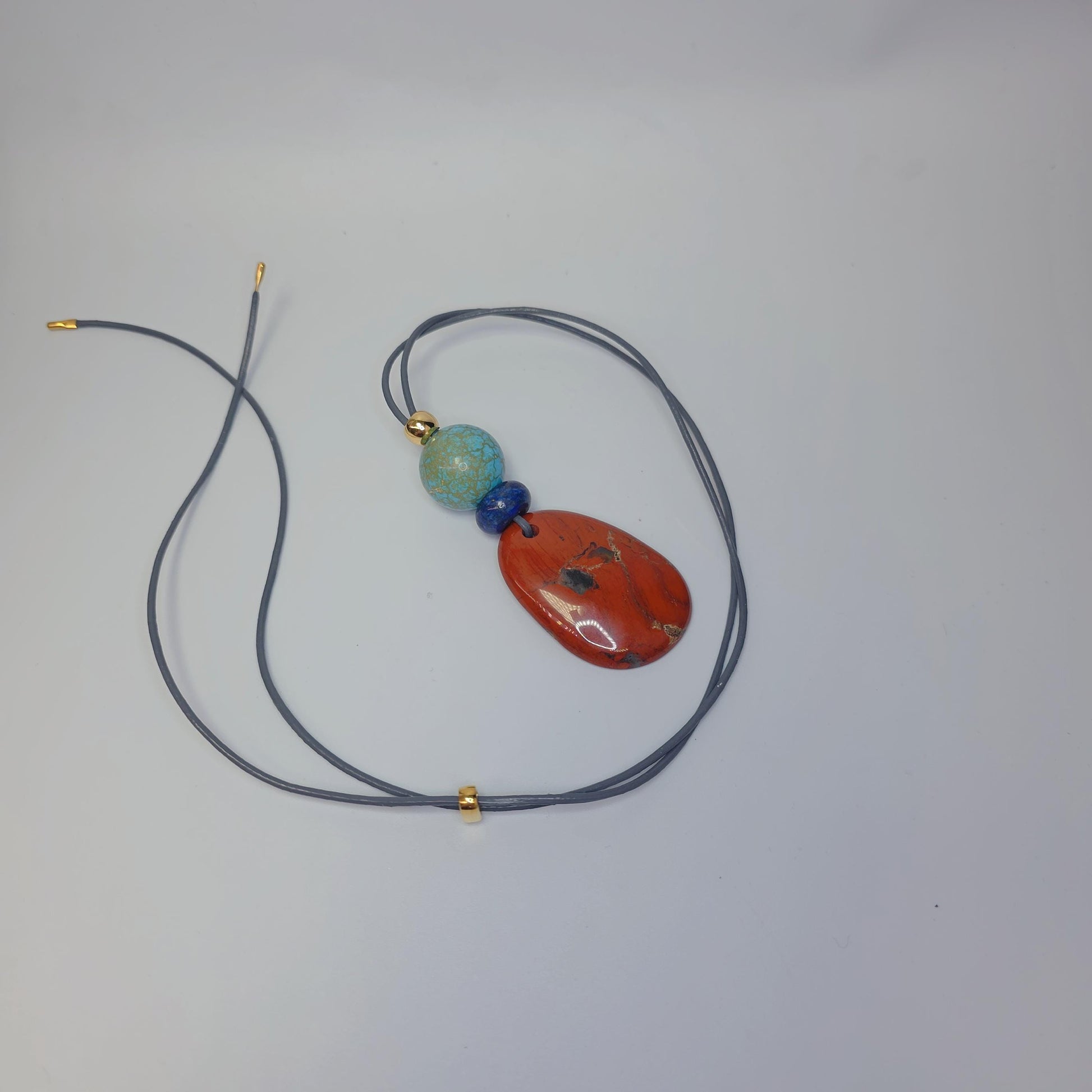 Red Jasper Turquoise Lapis Lazuli Pendant Necklace, Geometric Natural Gemstone Chunky Jewelry, Adjustable Leather Cord up to 30 inches #2544