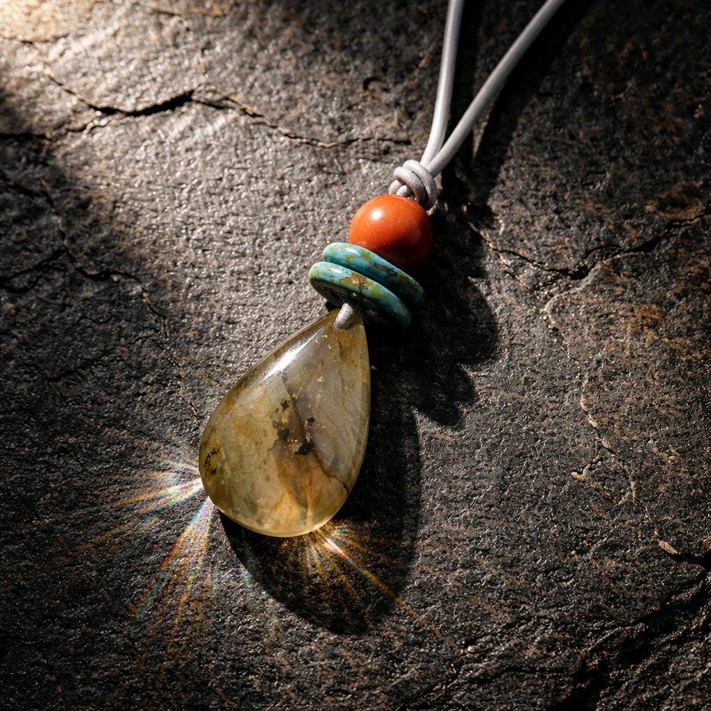 Labradorite Necklace Turquoise Red Jasper Pendant , Geometric Natural Gemstone Chunky Jewelry, Adjustable Leather Cord up to 30 inches #2543