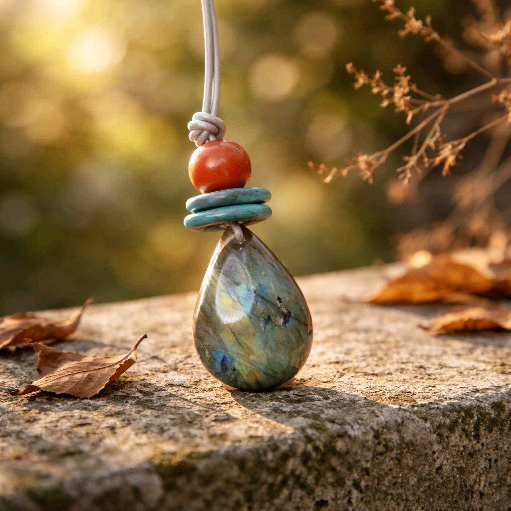 Labradorite Necklace Turquoise Red Jasper Pendant , Geometric Natural Gemstone Chunky Jewelry, Adjustable Leather Cord up to 30 inches #2543